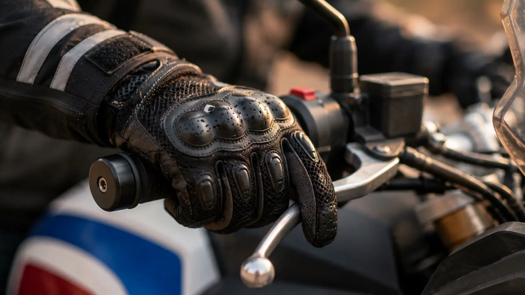 Close up of ventilated riding gloves on motorcycle controls