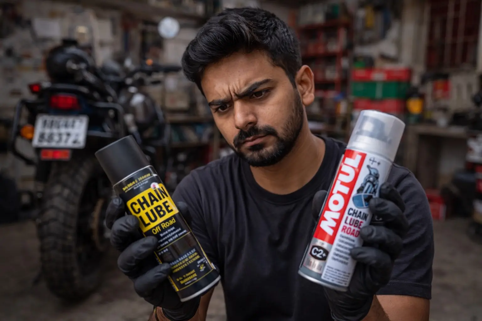 Rider lubricating motorcycle chain in a garage setting in India