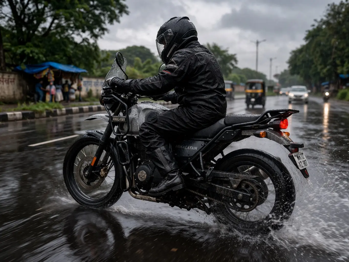 Motorcycle riding through wet road during monsoon