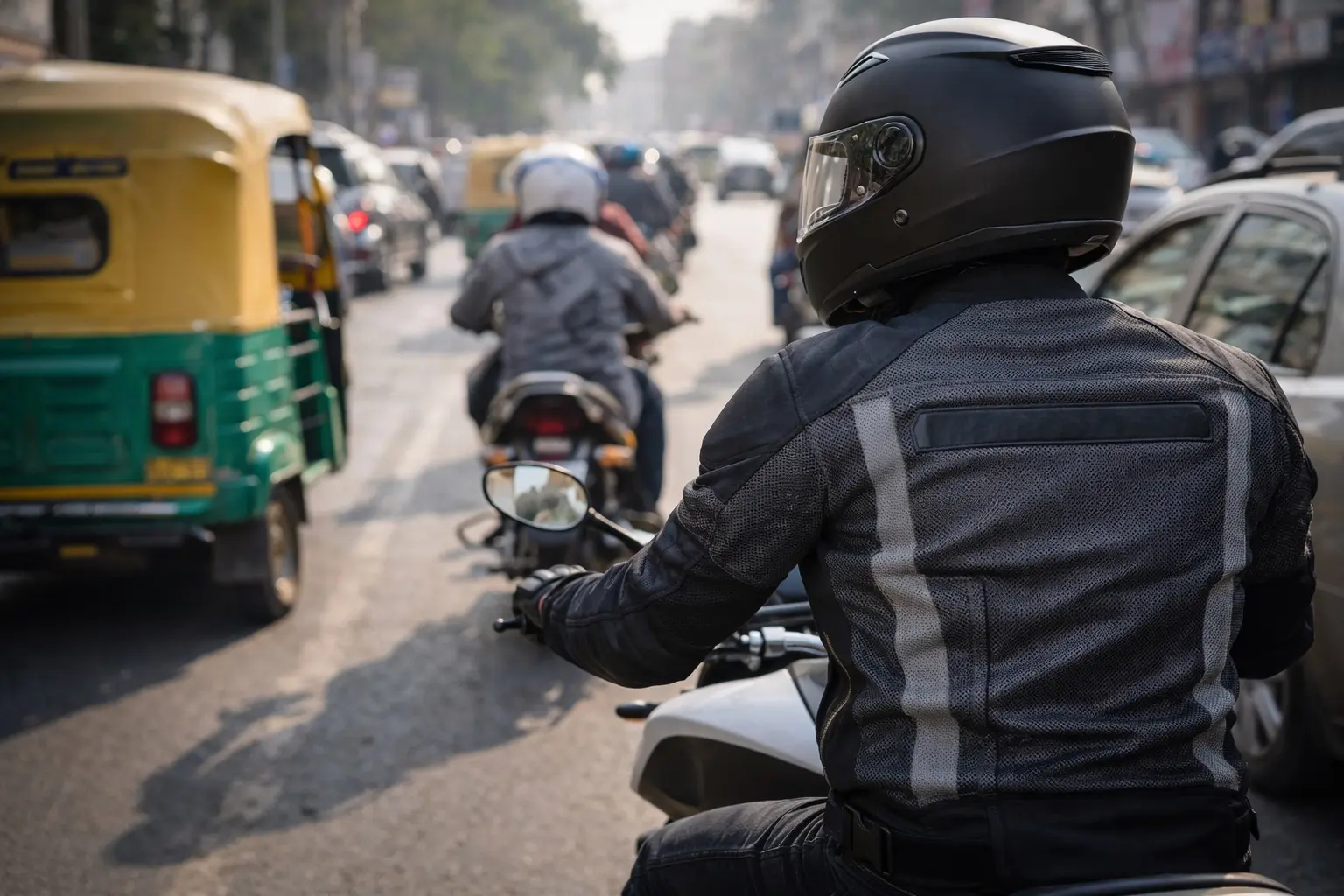 Motorcyclist wearing a mesh jacket in city traffic