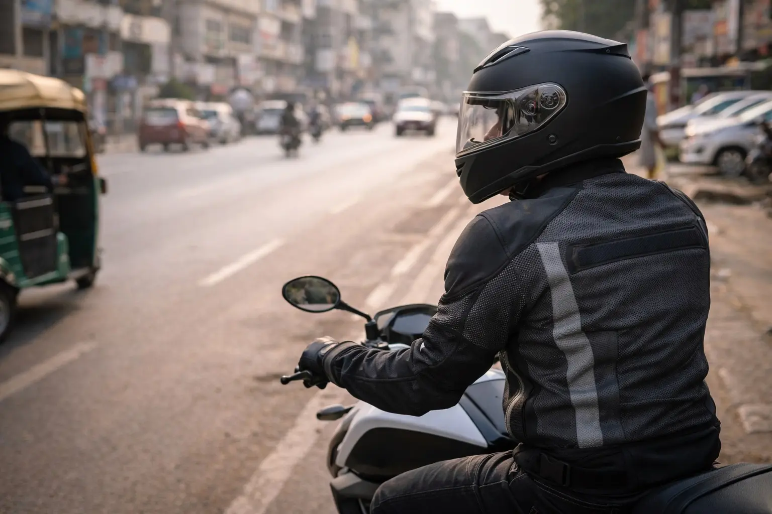 Rider wearing a mesh riding jacket in traffic