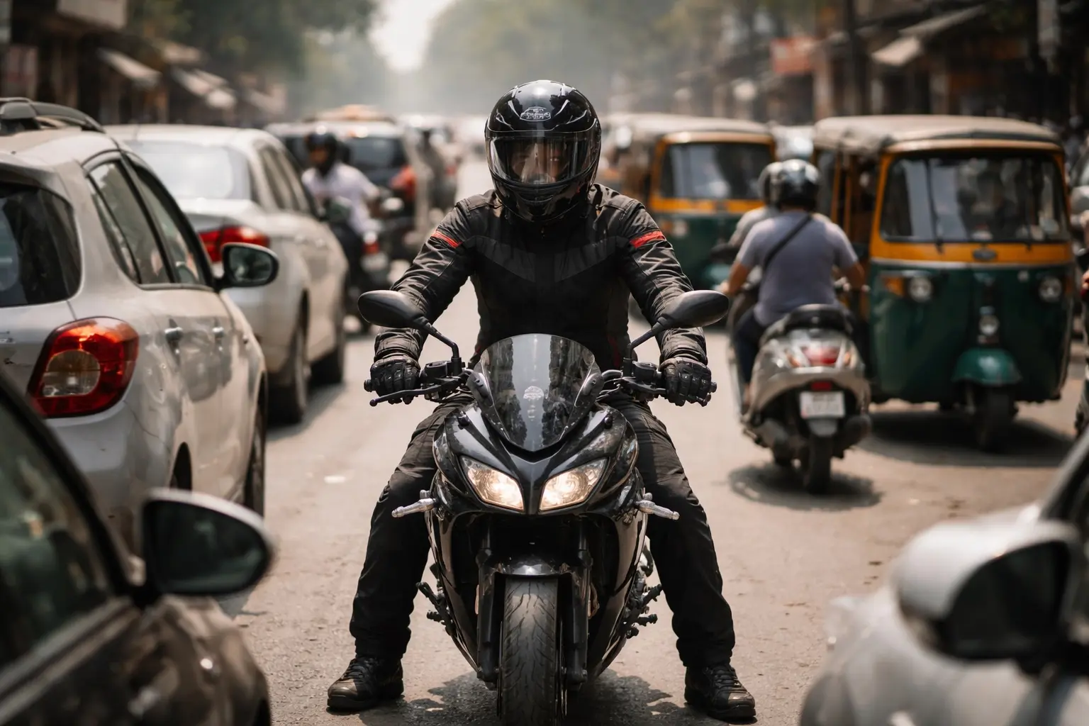 Motorcyclist navigating heavy urban traffic with cars and scooters
