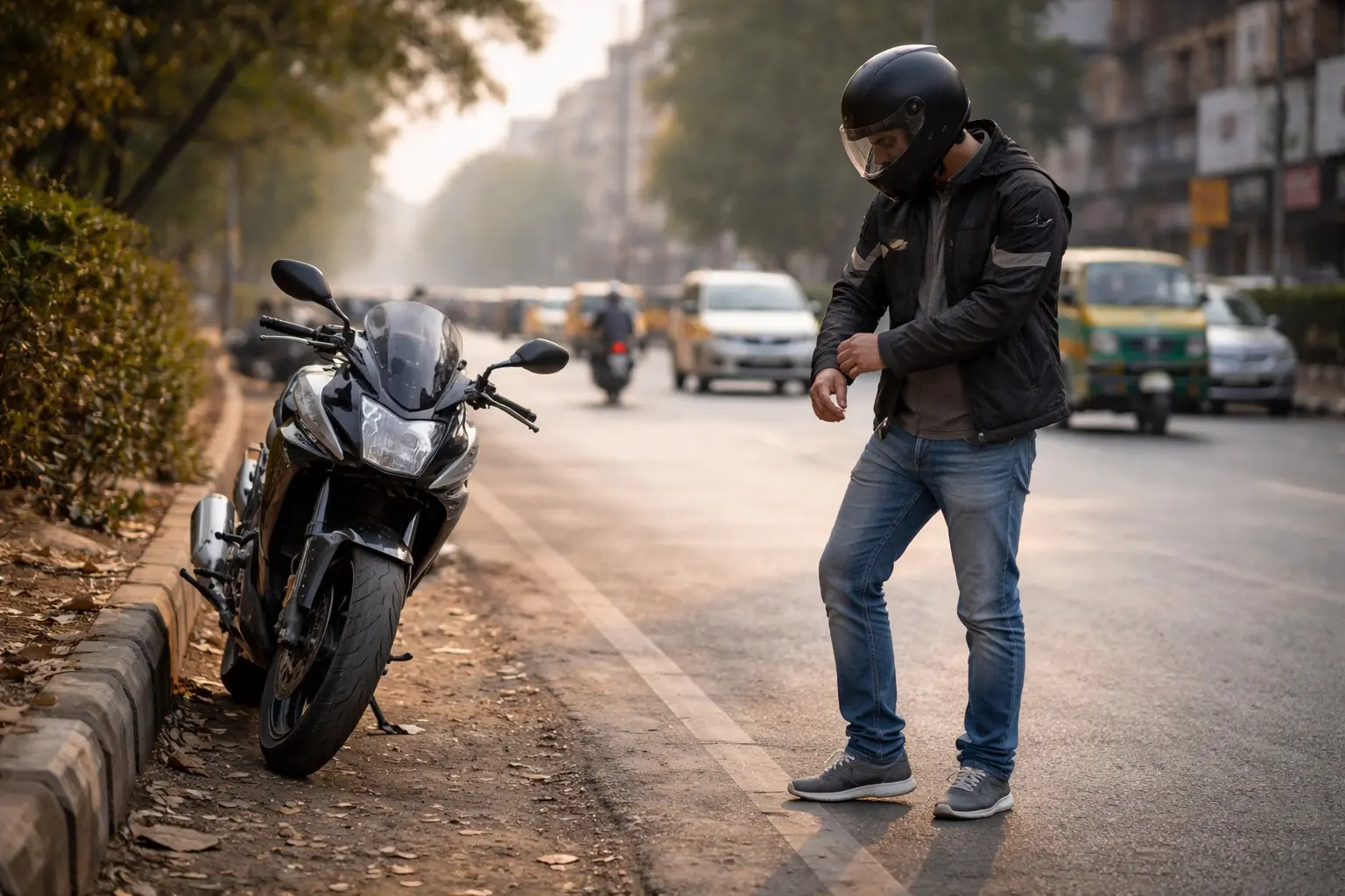 New rider wearing mismatched or incorrect riding gear