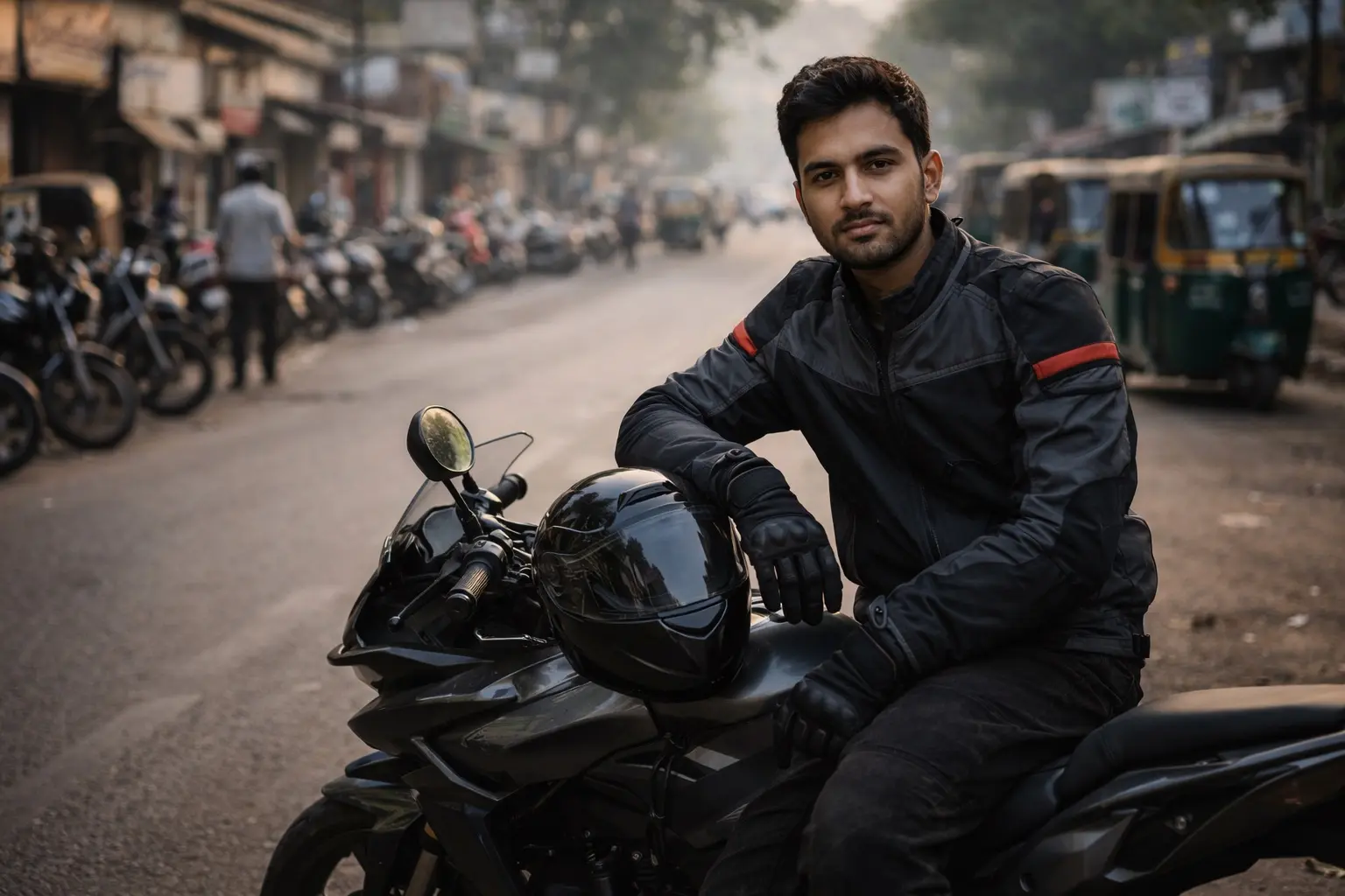 Rider on a motorcycle transitioning from city streets to an open highway
