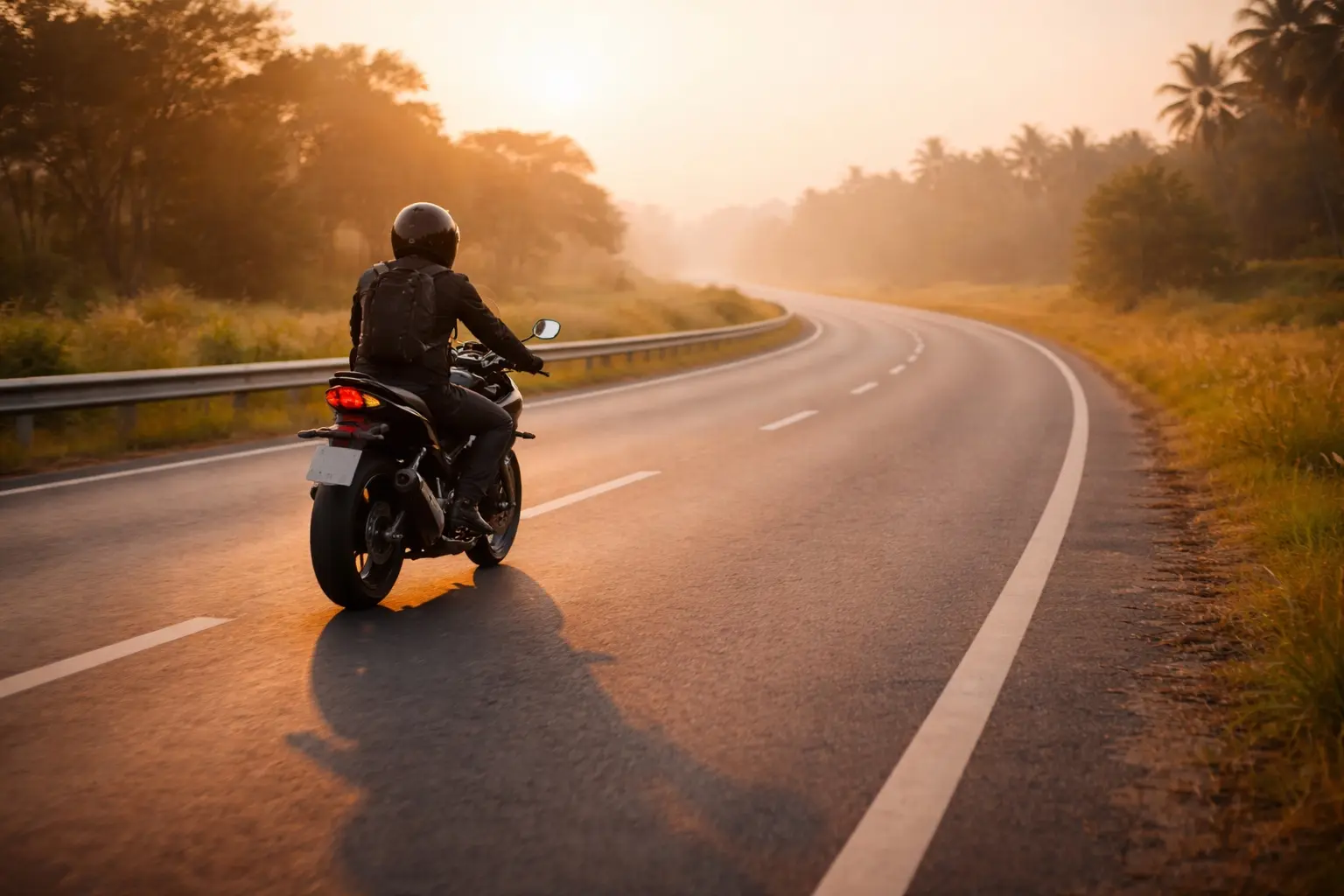 Rider enjoying a calm open highway ride at sunrise