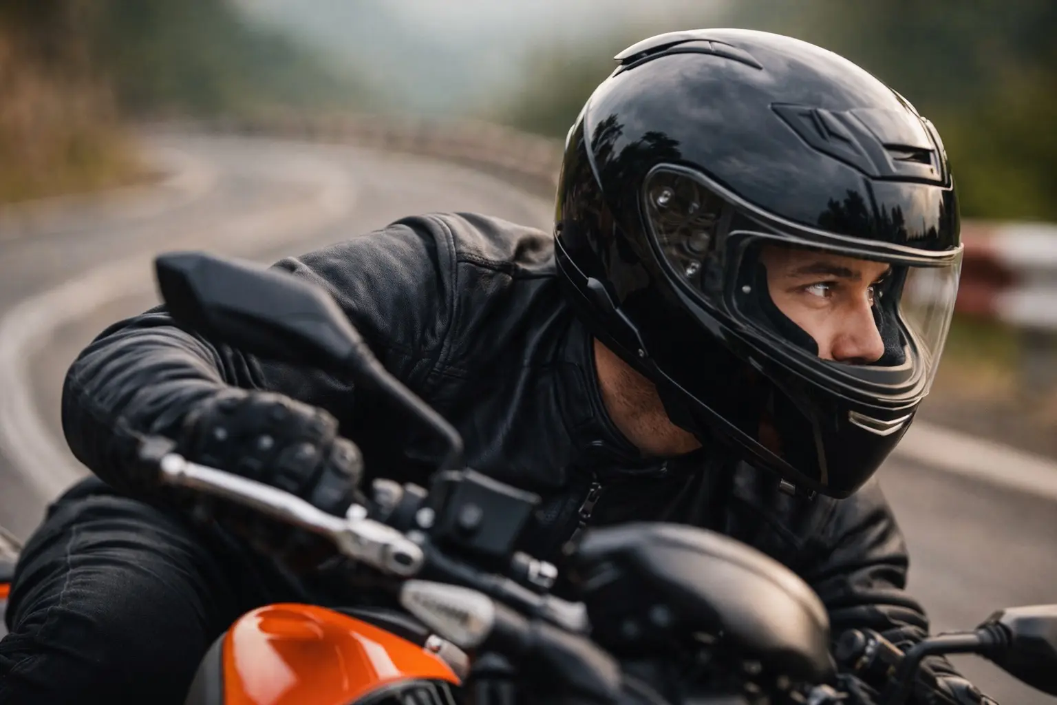 Motorcyclist looking through a corner on a winding road