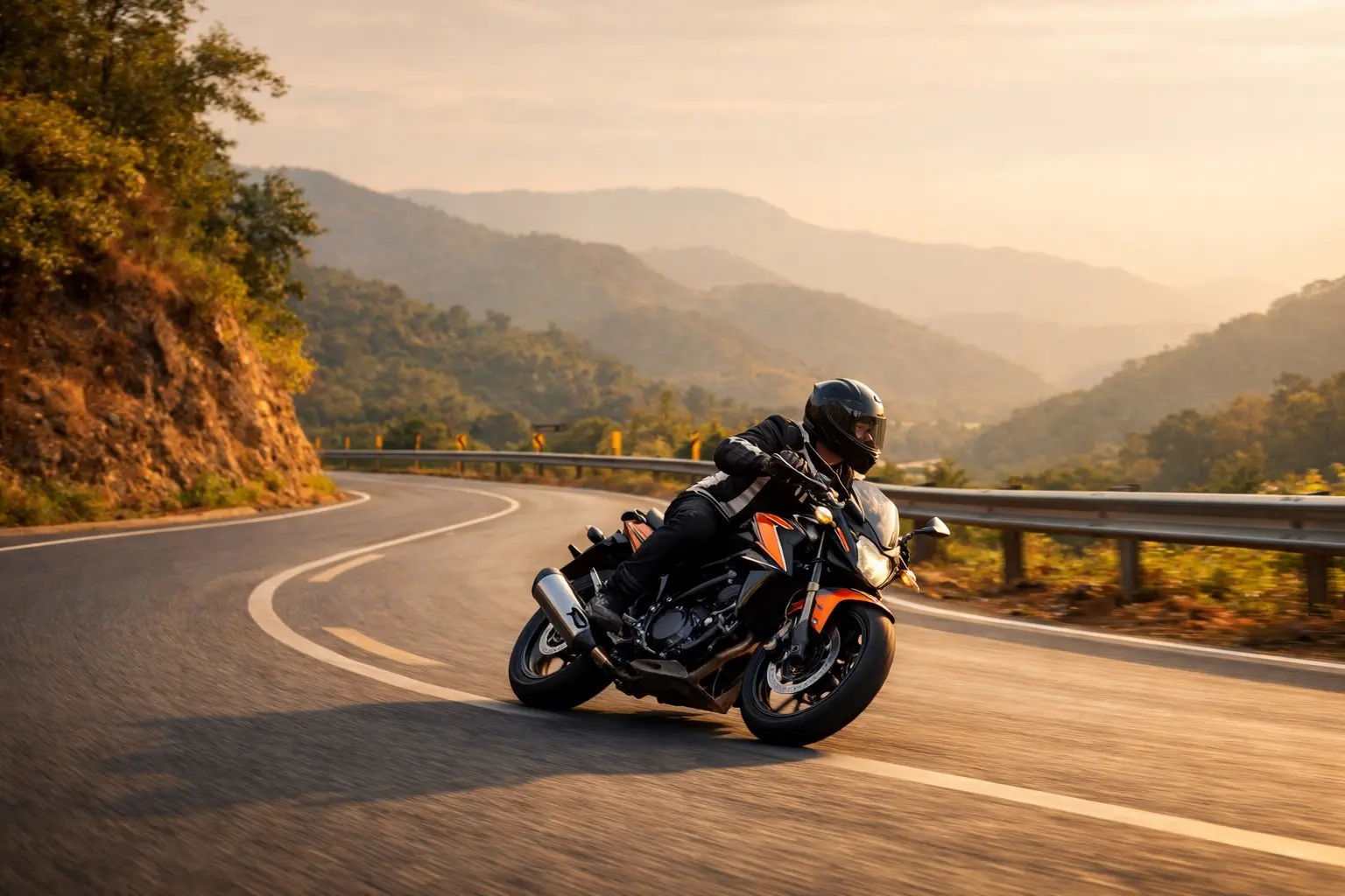 Motorcyclist leaning into a corner on a mountain road