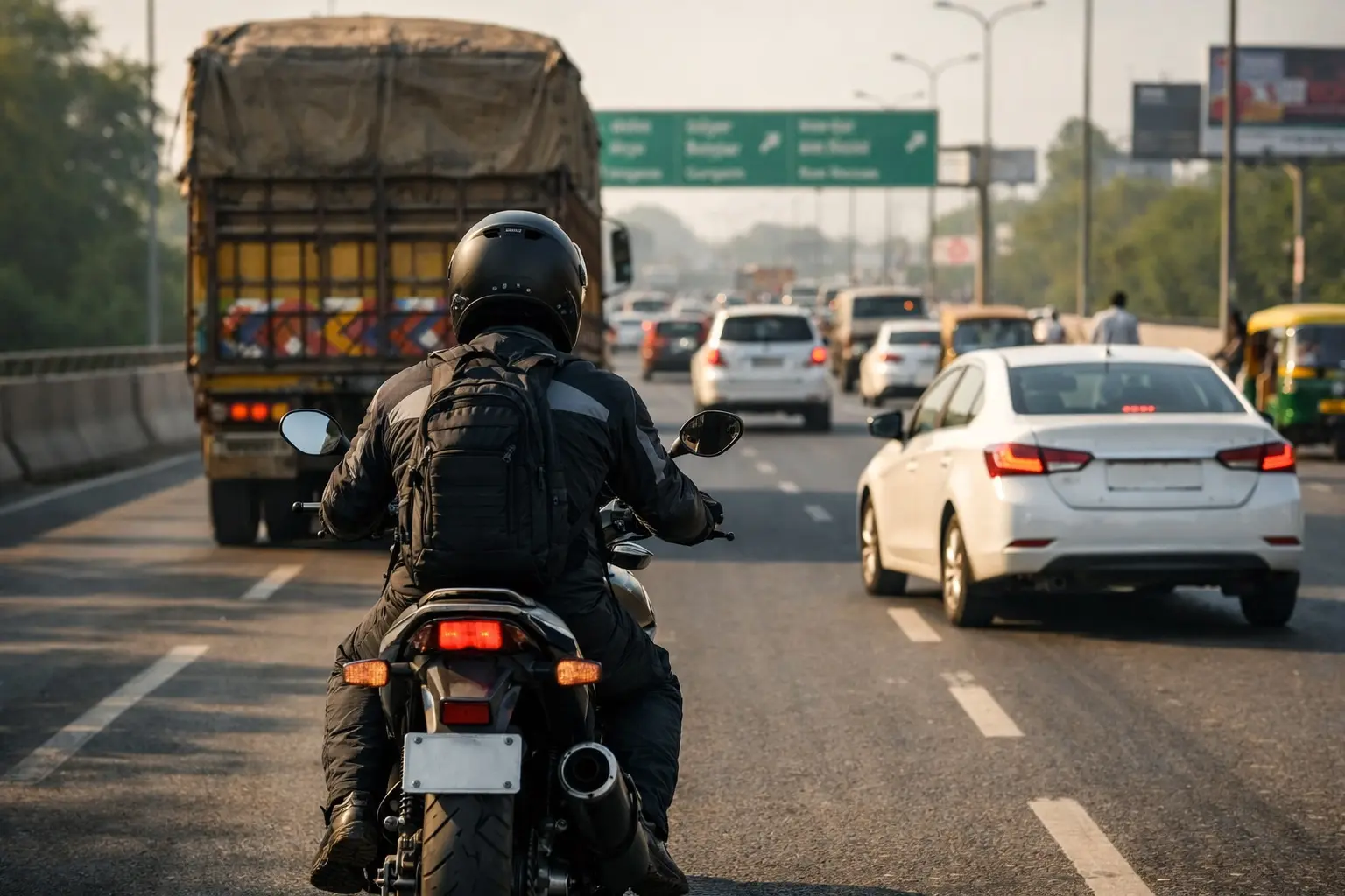 Motorcyclist riding defensively on an Indian highway