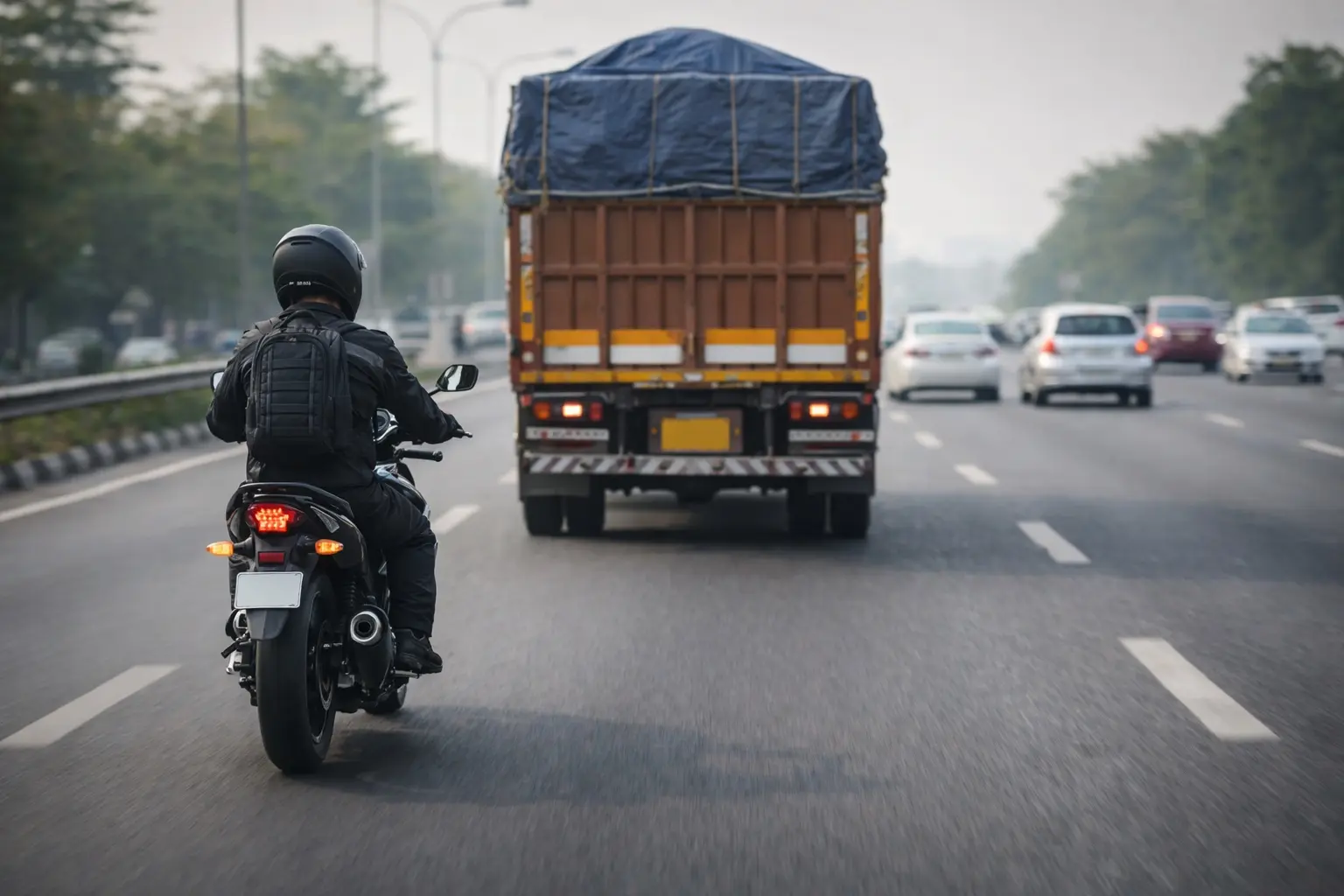 Motorcycle maintaining safe distance behind a truck