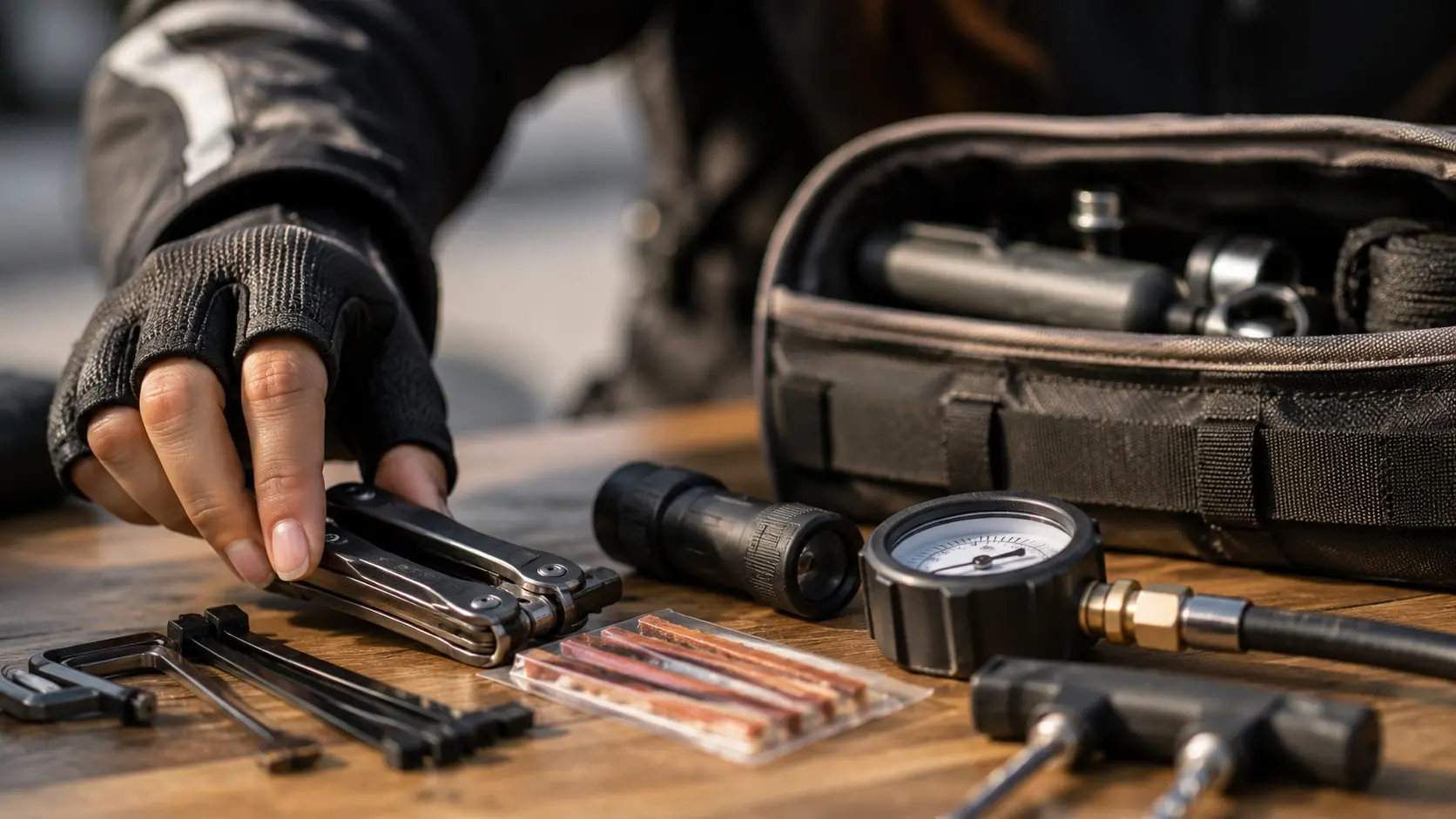Motorcyclist organizing motorcycle tools before a ride