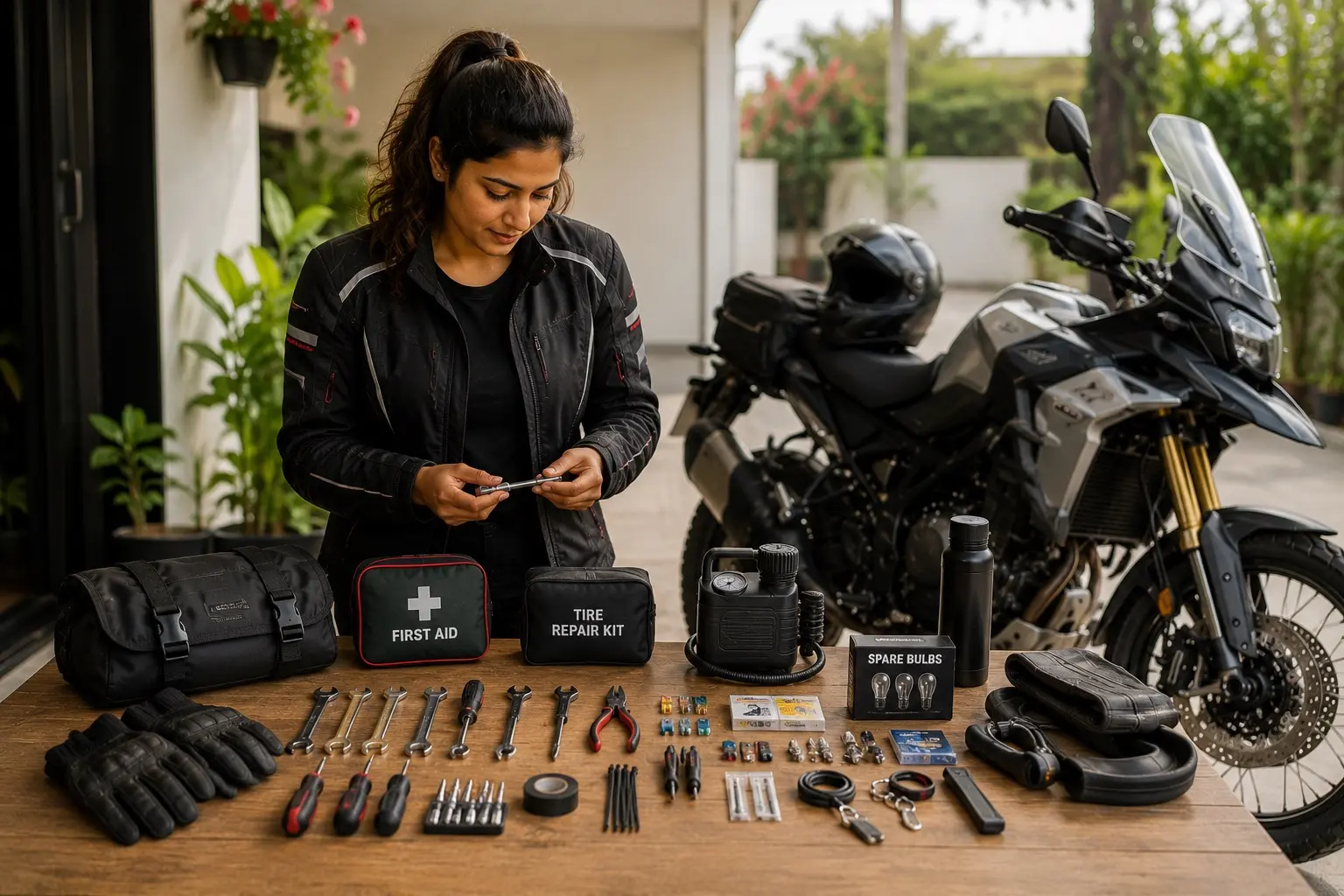Motorcyclist organizing tools and spares beside a touring motorcycle on an Indian highway