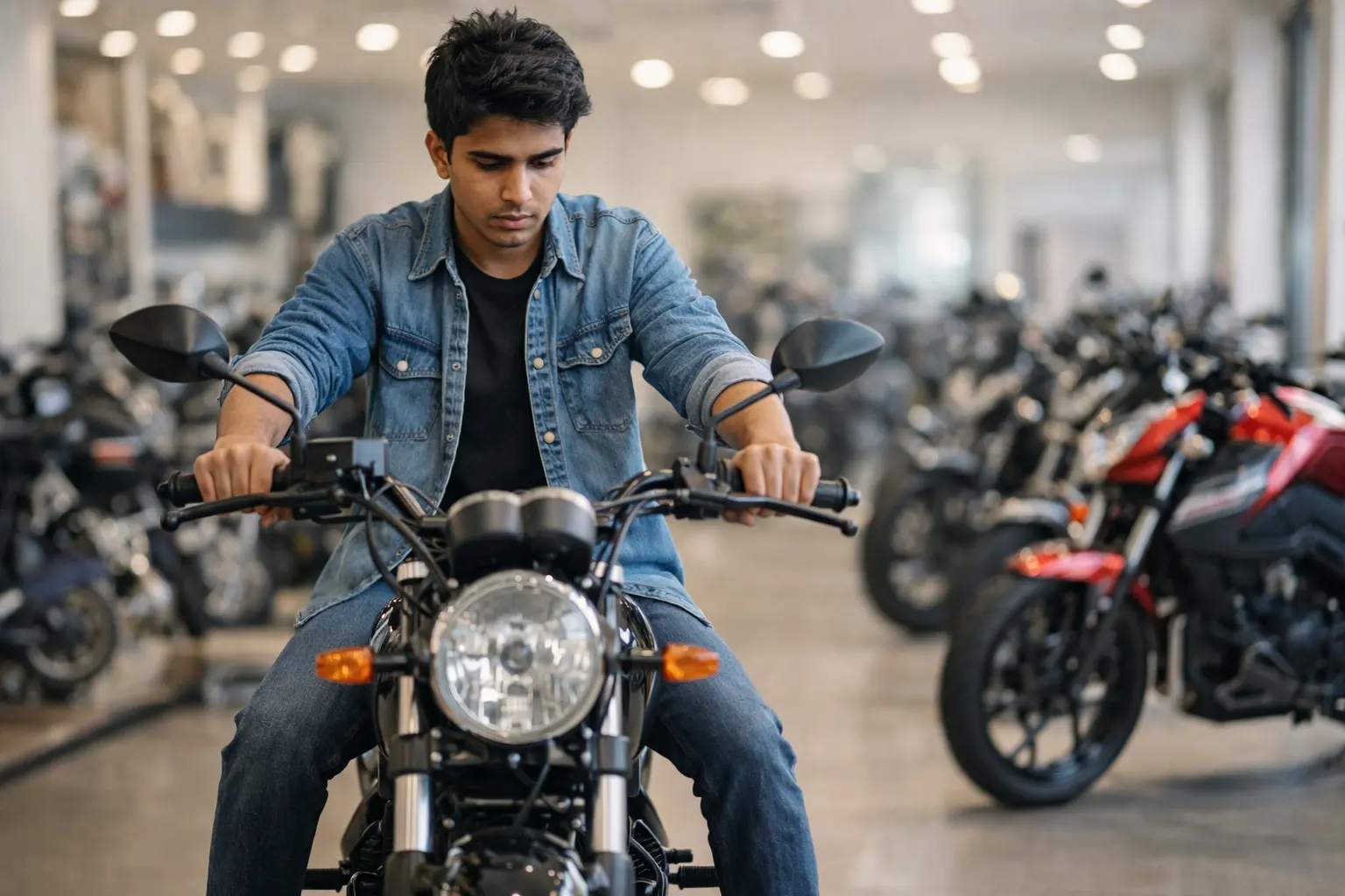 New rider sitting on a motorcycle in a showroom
