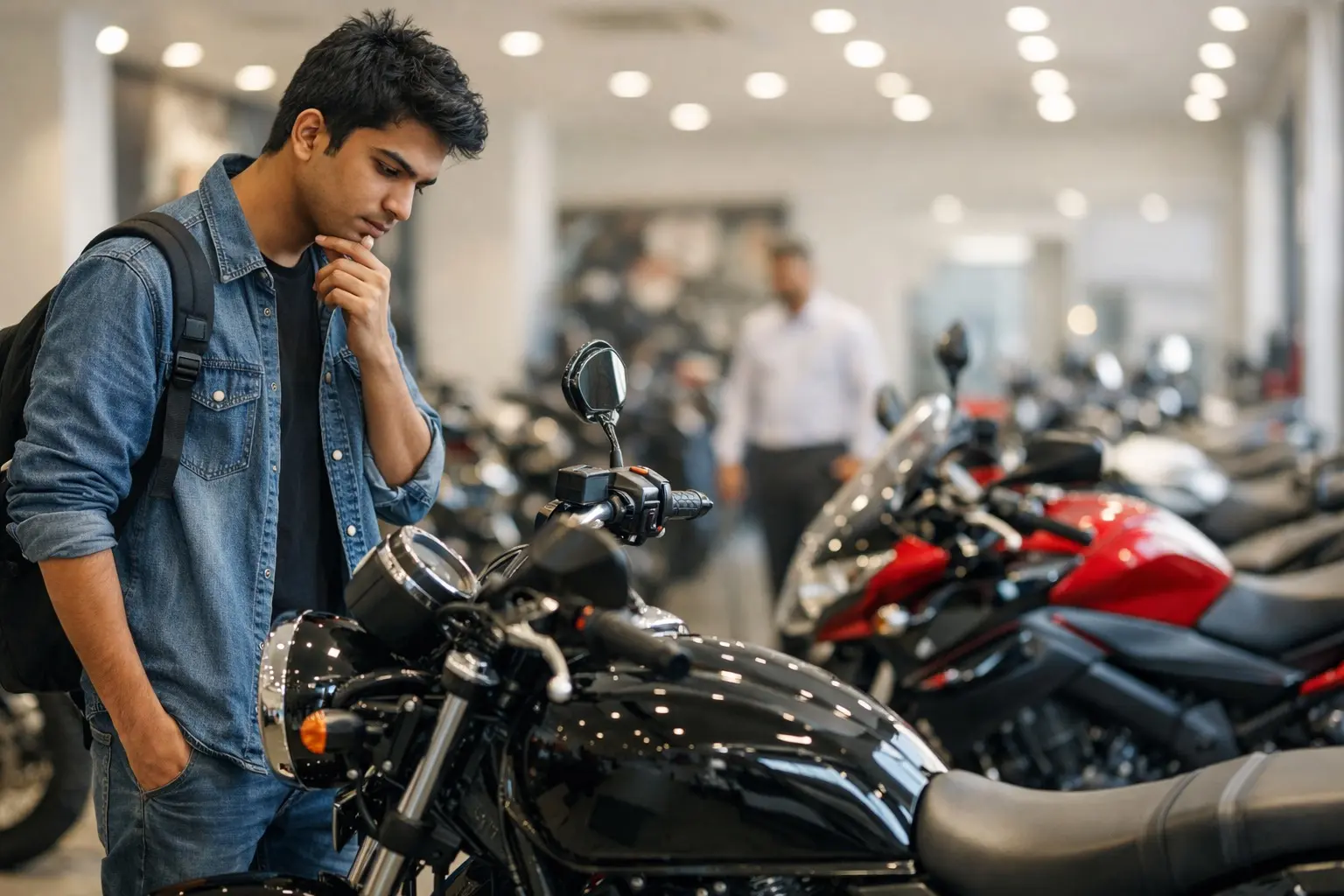 New rider sitting on a motorcycle and considering options in an Indian showroom
