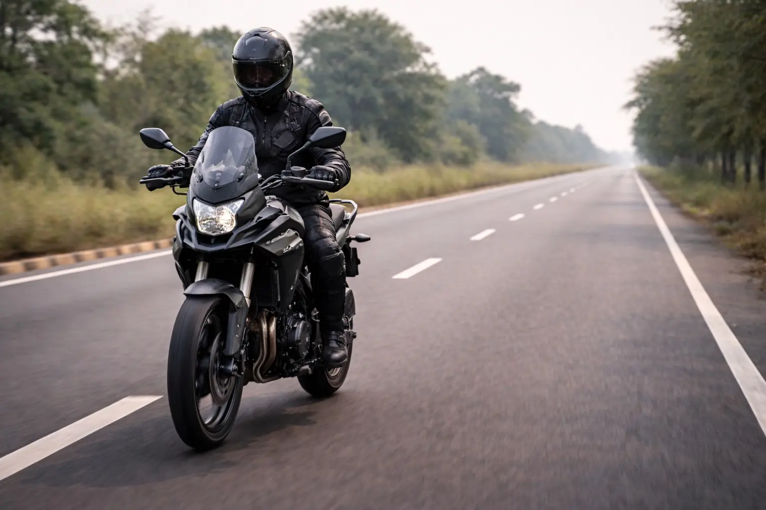 Motorcyclist wearing full protective gear on a highway ride