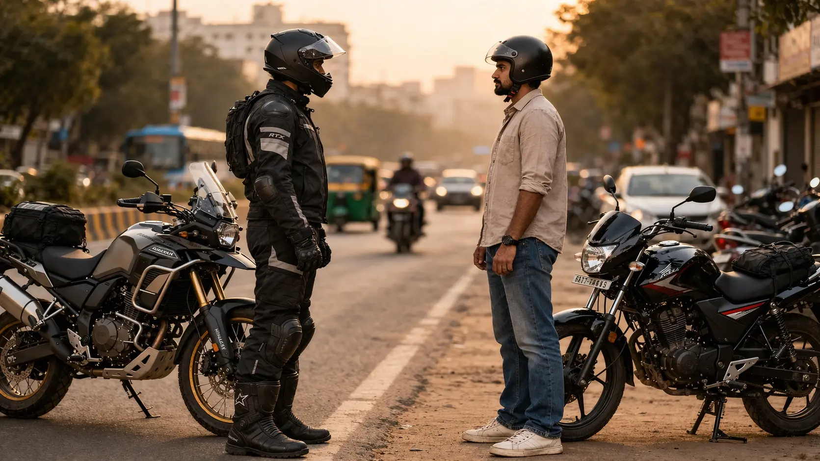 Two motorcyclists with different riding gear styles standing side by side on a road