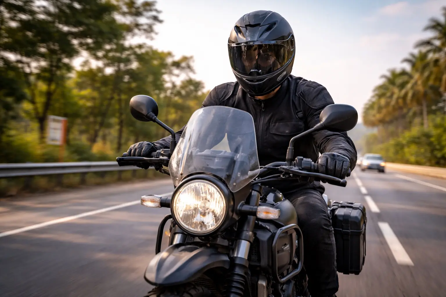 Motorcyclist wearing a full face helmet riding on an Indian highway