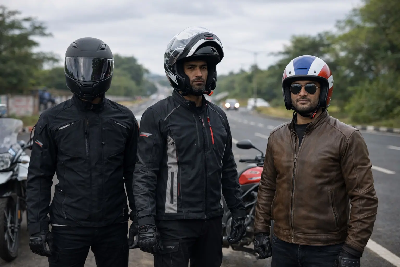 Different helmet types displayed with riders wearing them