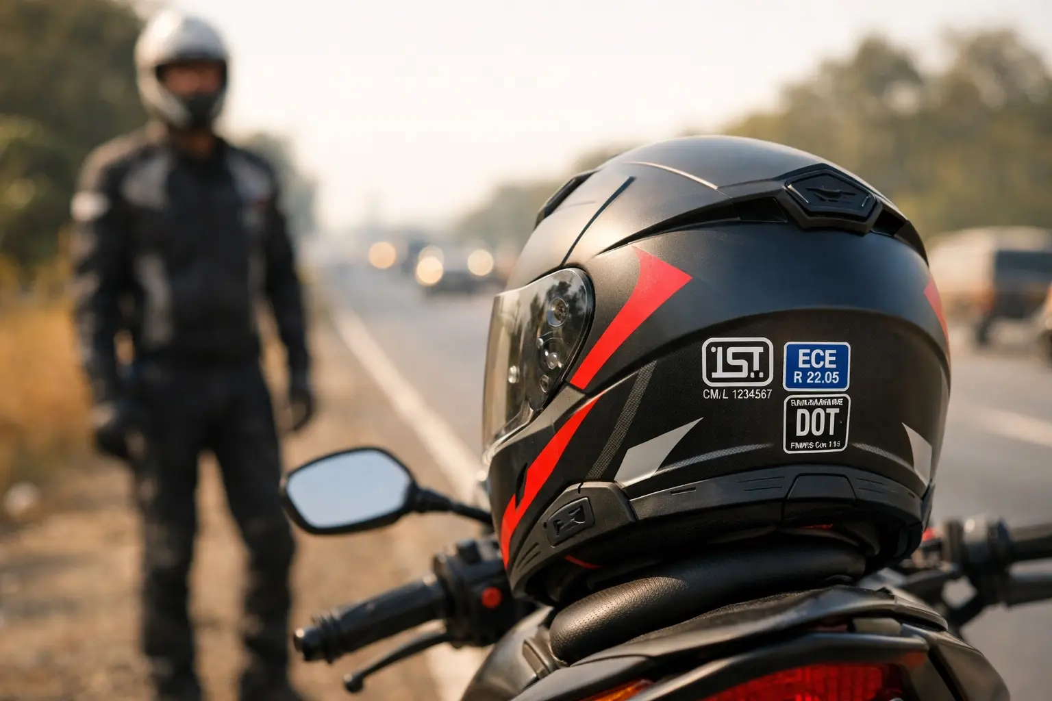 Rider wearing a full face helmet on a highway