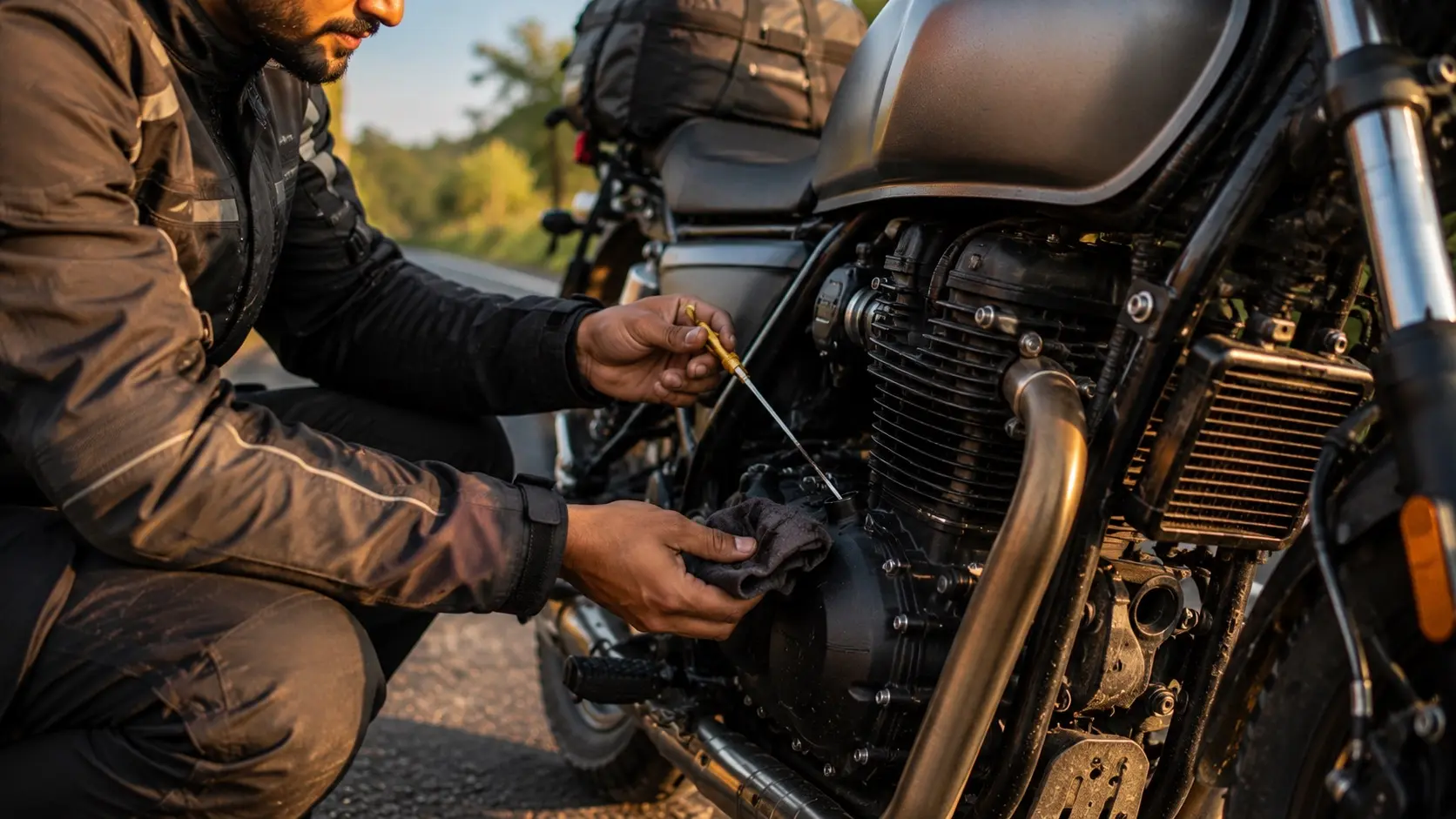 Rider checking engine oil during fuel stop