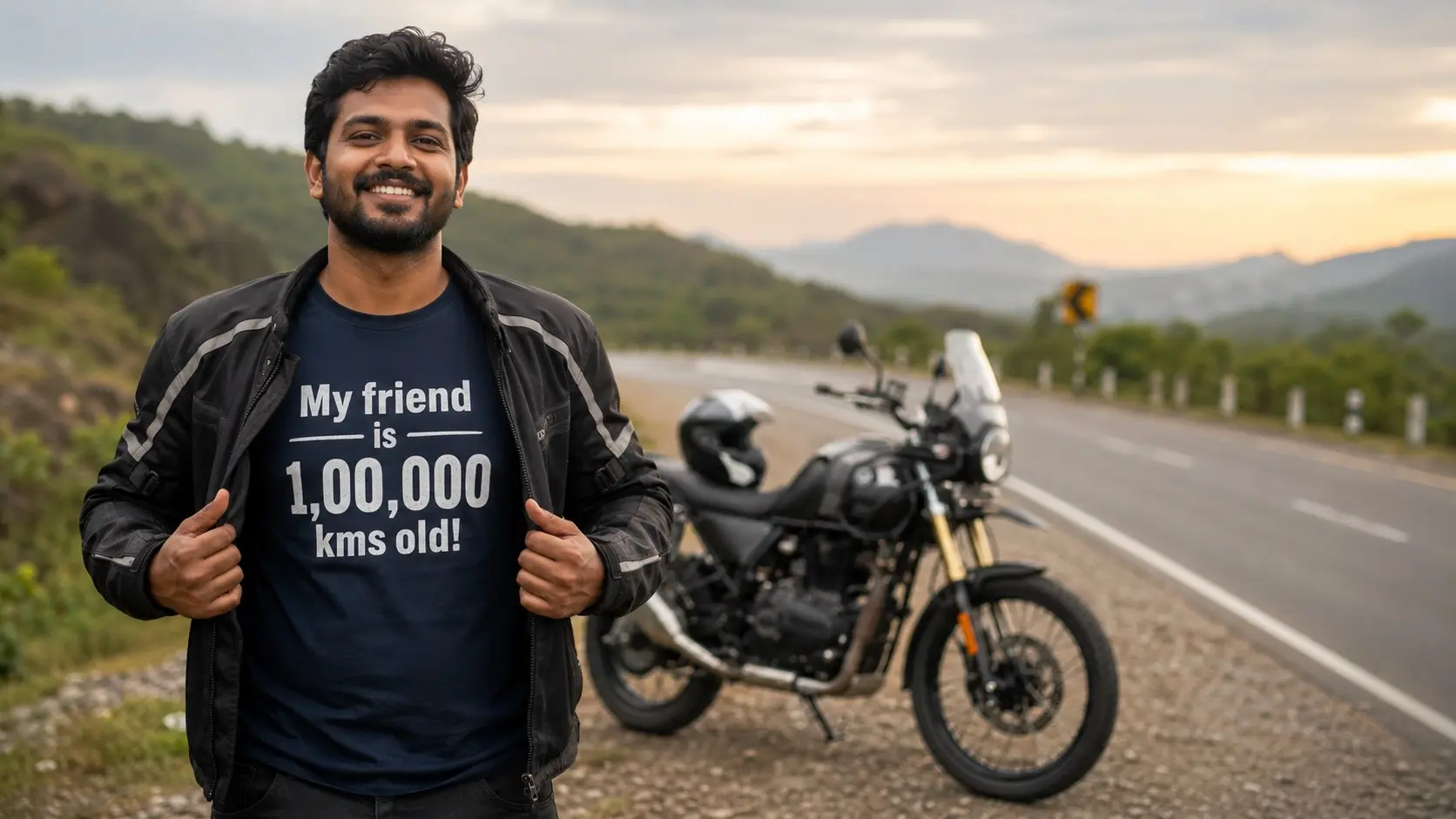 Experienced rider beside high mileage motorcycle on an open road