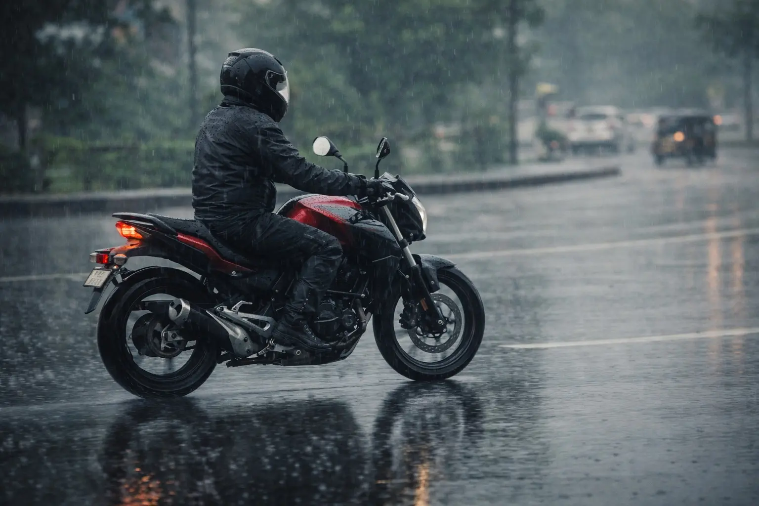 Motorcyclist riding cautiously in rain with wet road reflections