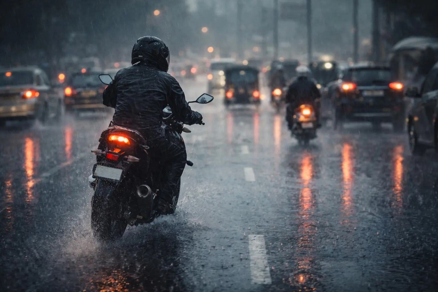Motorcyclist riding carefully in heavy rain on an Indian road