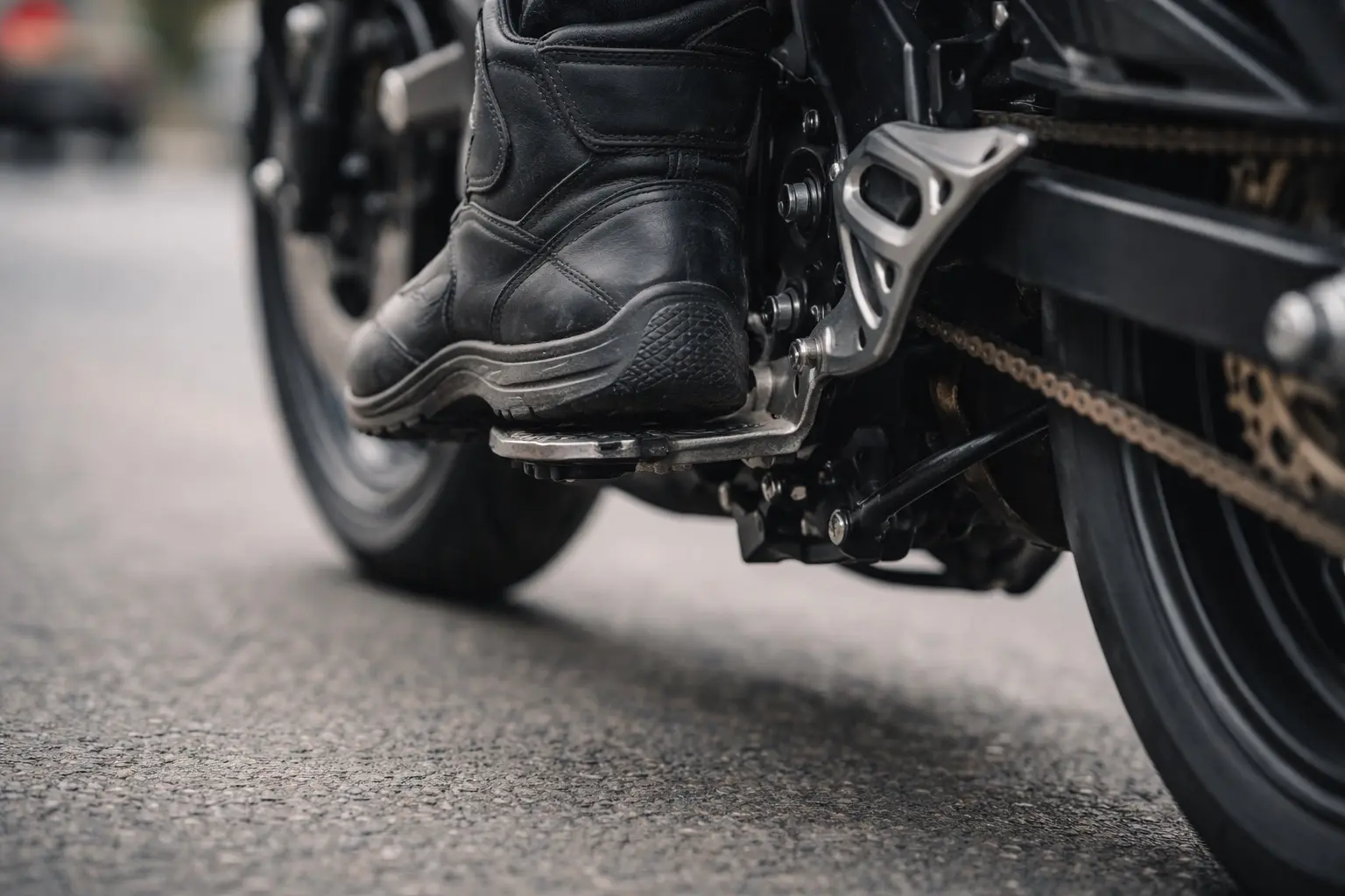 Motorcyclist navigating slowly through traffic using rear brake control