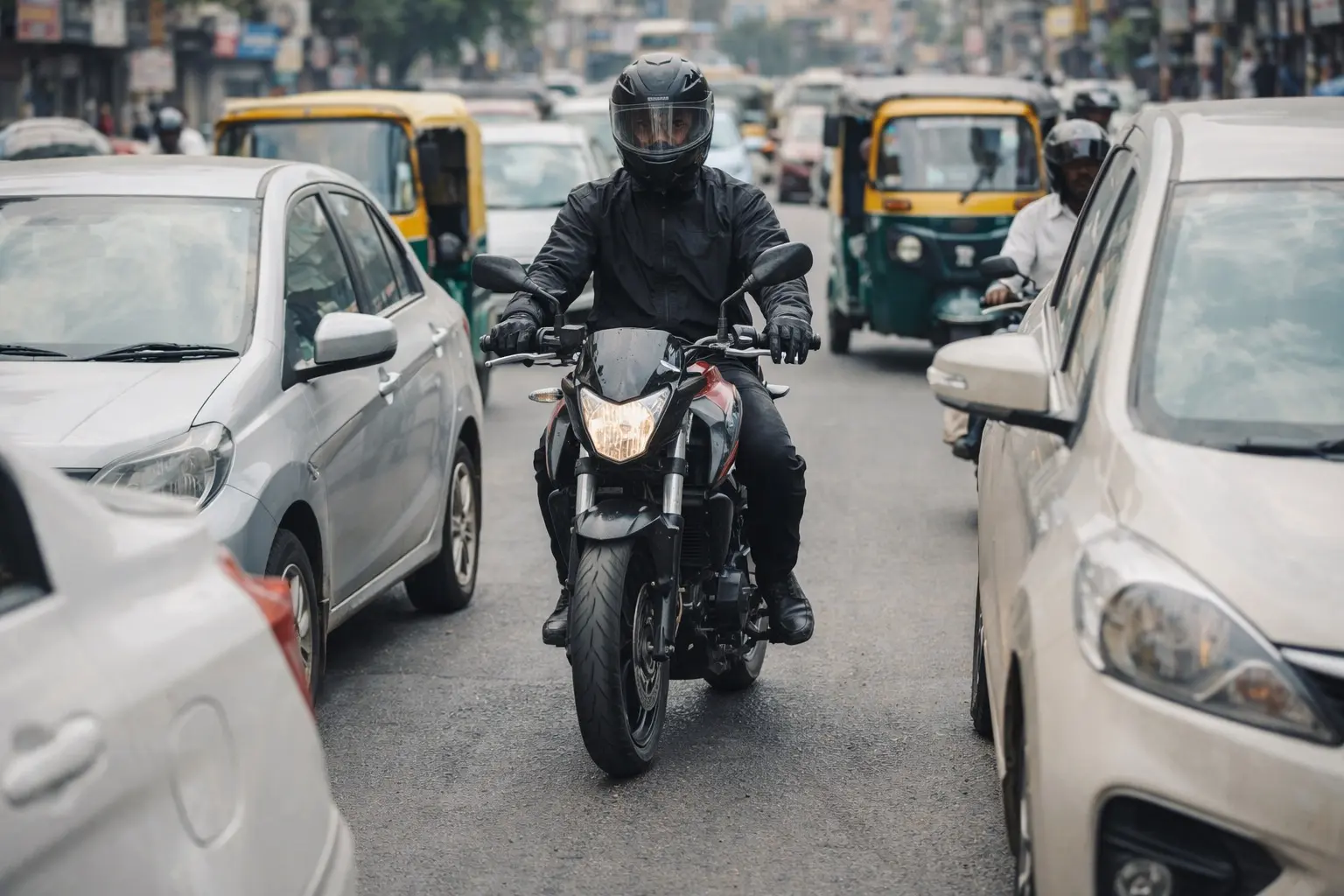 Motorcyclist maneuvering slowly through tight traffic conditions