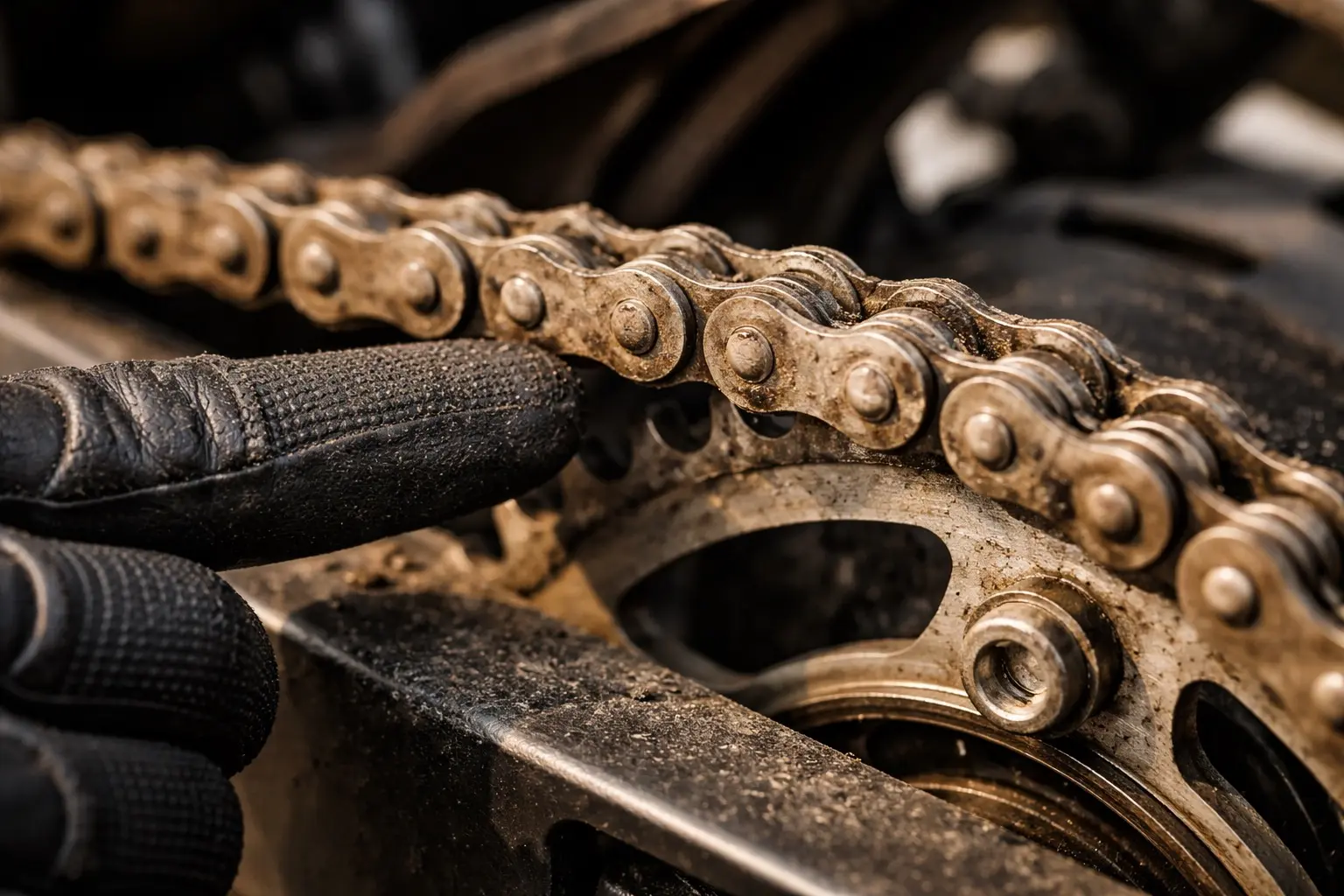 Close up of motorcycle chain with dirt buildup