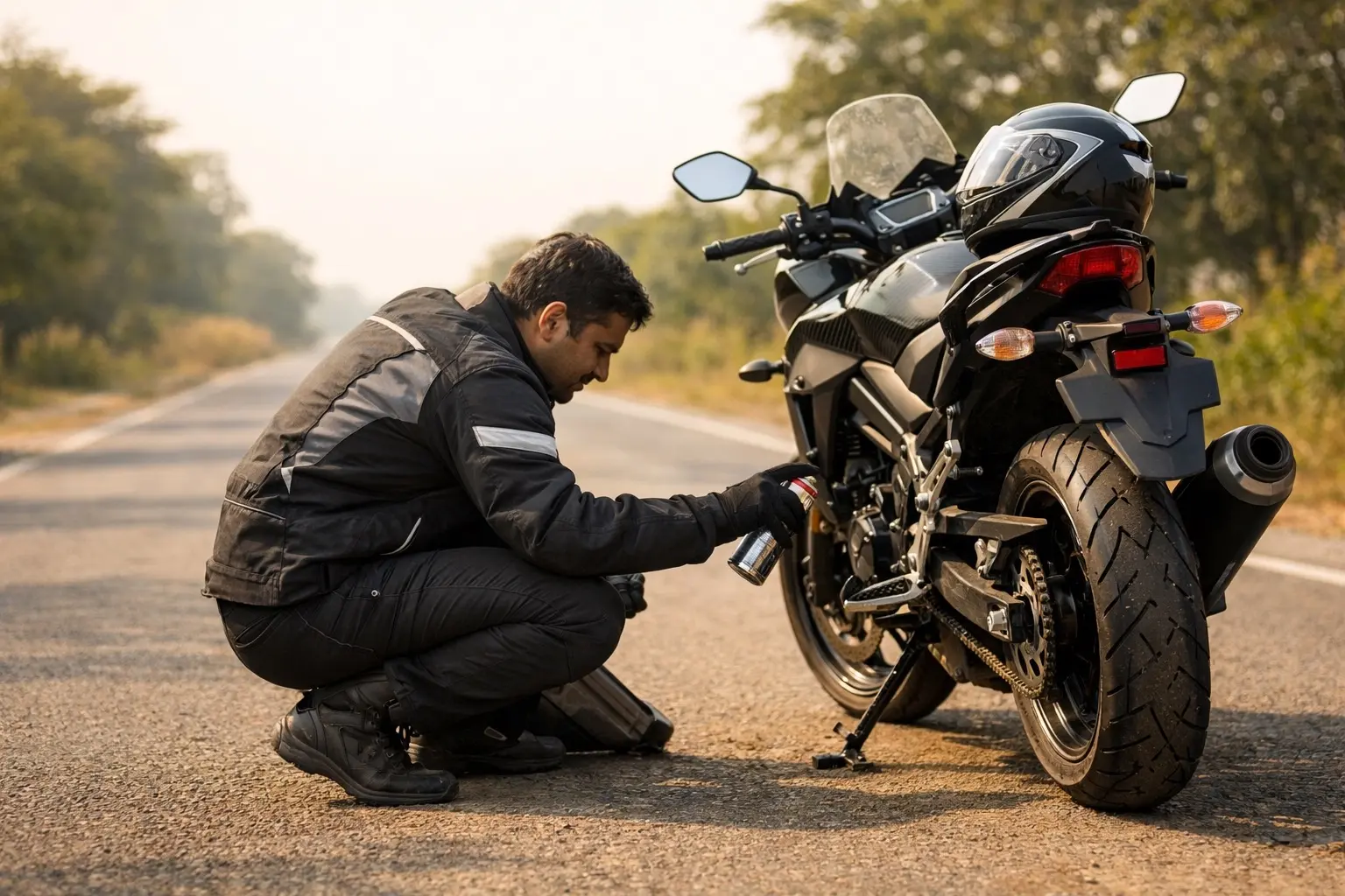 Rider cleaning and lubricating a motorcycle chain on roadside