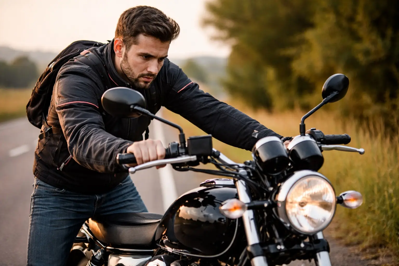 Rider trying to start a motorcycle on a roadside with a concerned expression