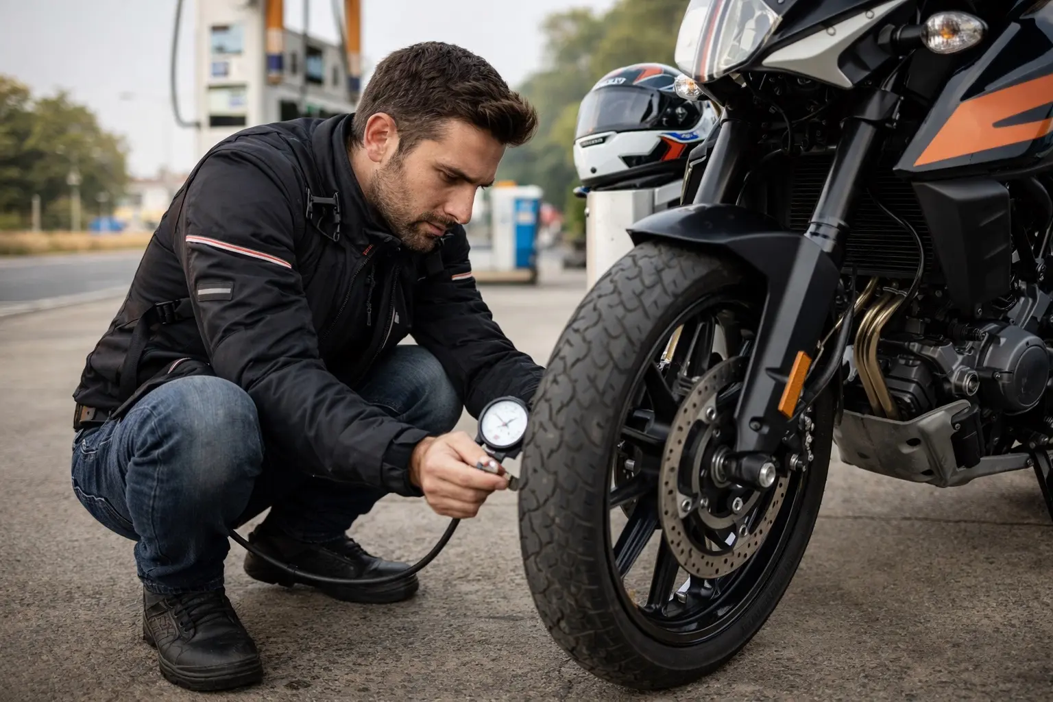 Rider checking motorcycle tyre pressure at a fuel station