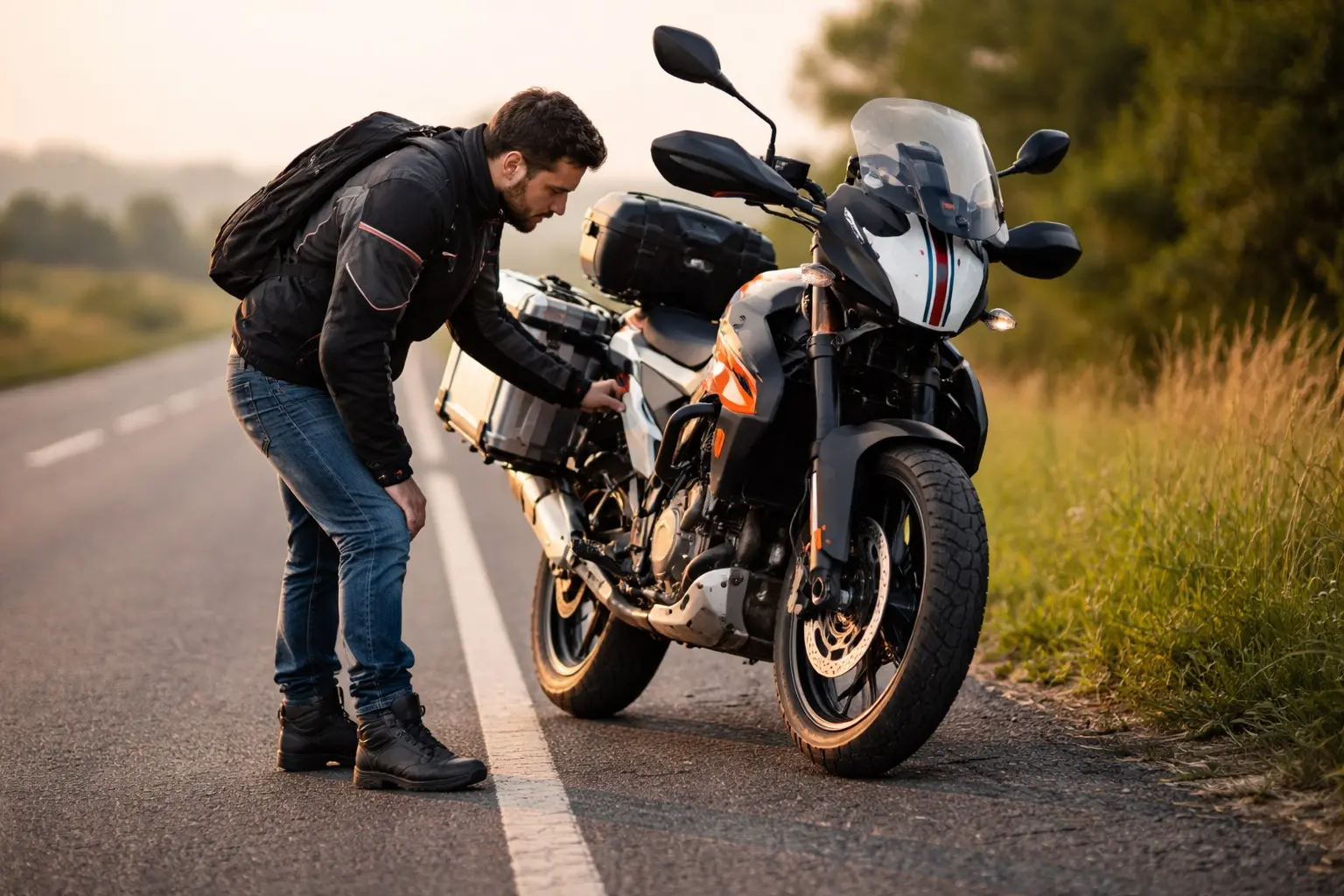 Rider inspecting motorcycle before a ride on an open road
