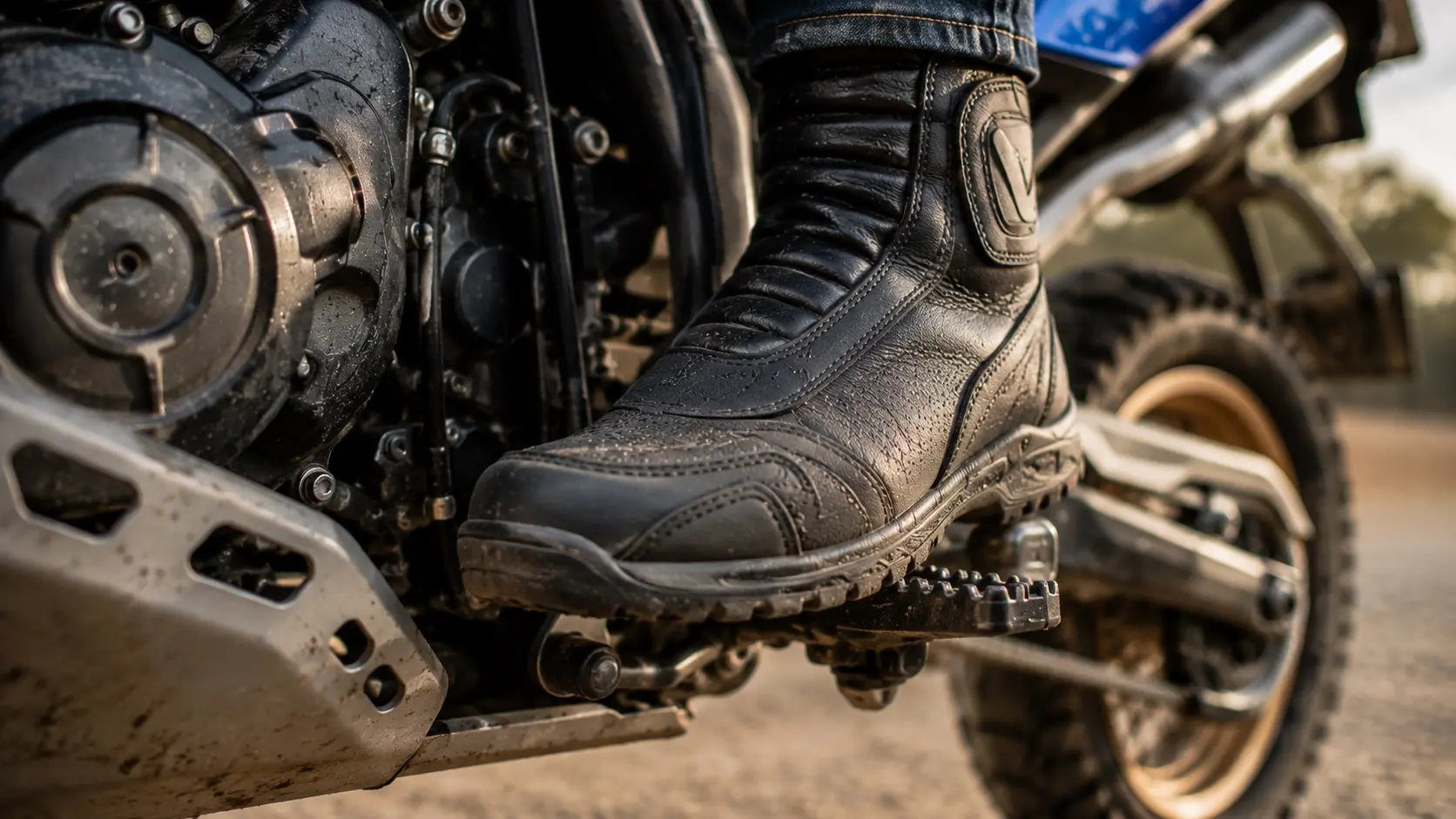 Casual sneakers on motorcycle foot pegs