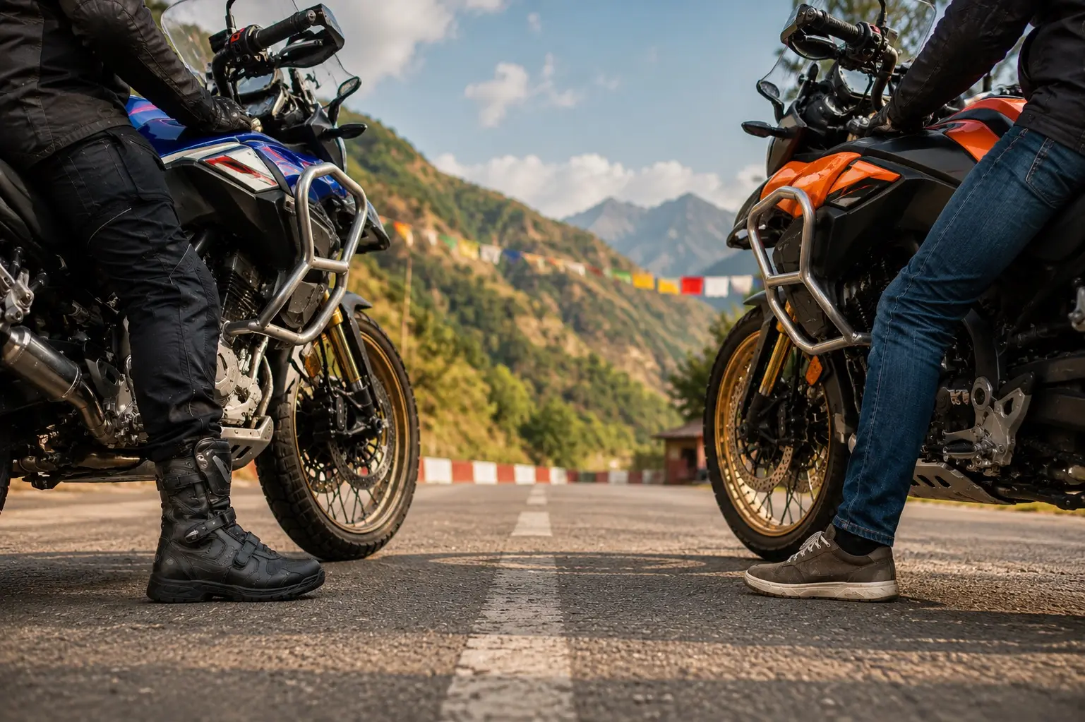 Rider wearing motorcycle boots beside an adventure motorcycle