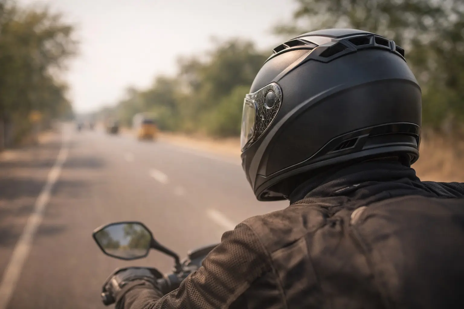 Motorcyclist riding on an open road with helmet vents open