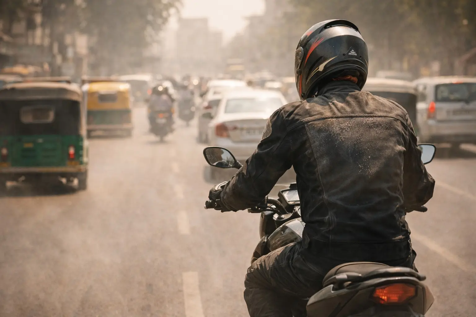 Motorcyclist riding in hot weather with full gear