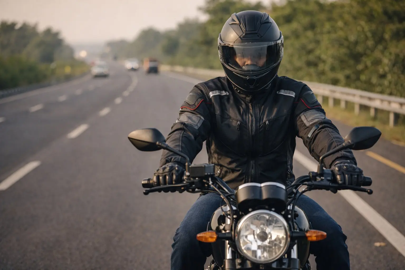 Rider wearing protective riding jacket while riding
