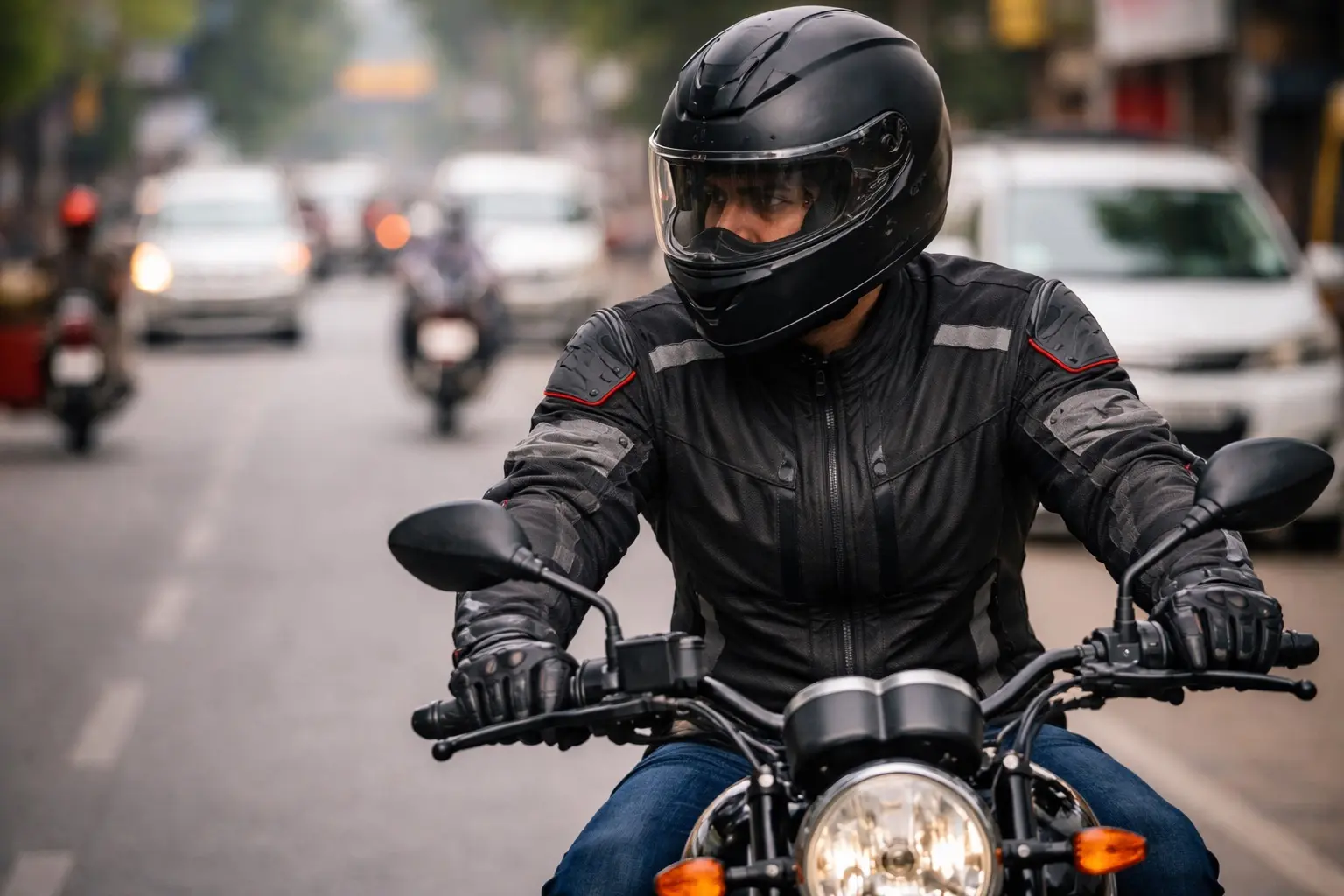 Motorcyclist wearing a riding jacket on an Indian highway ride