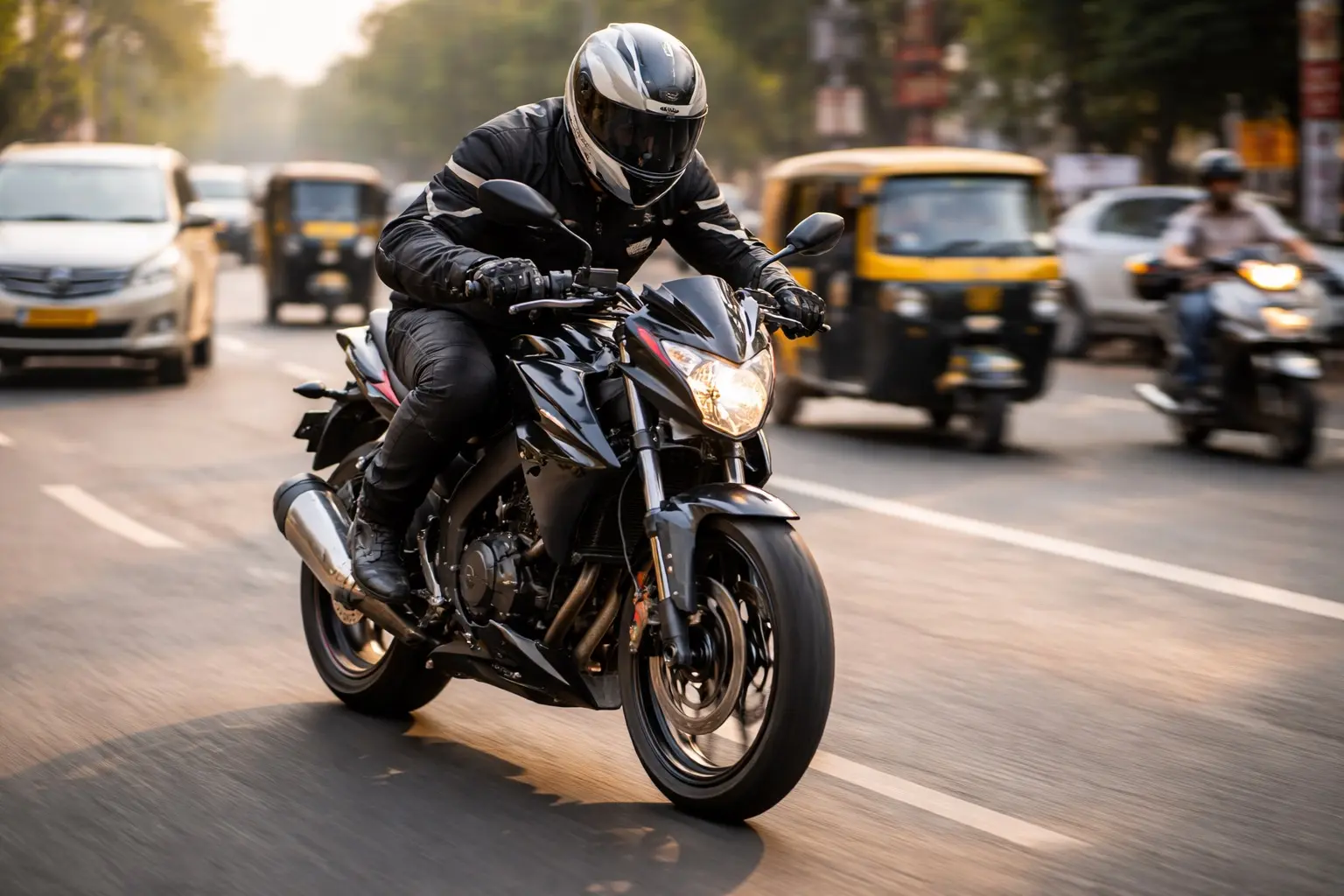 Motorcyclist accelerating hard in traffic