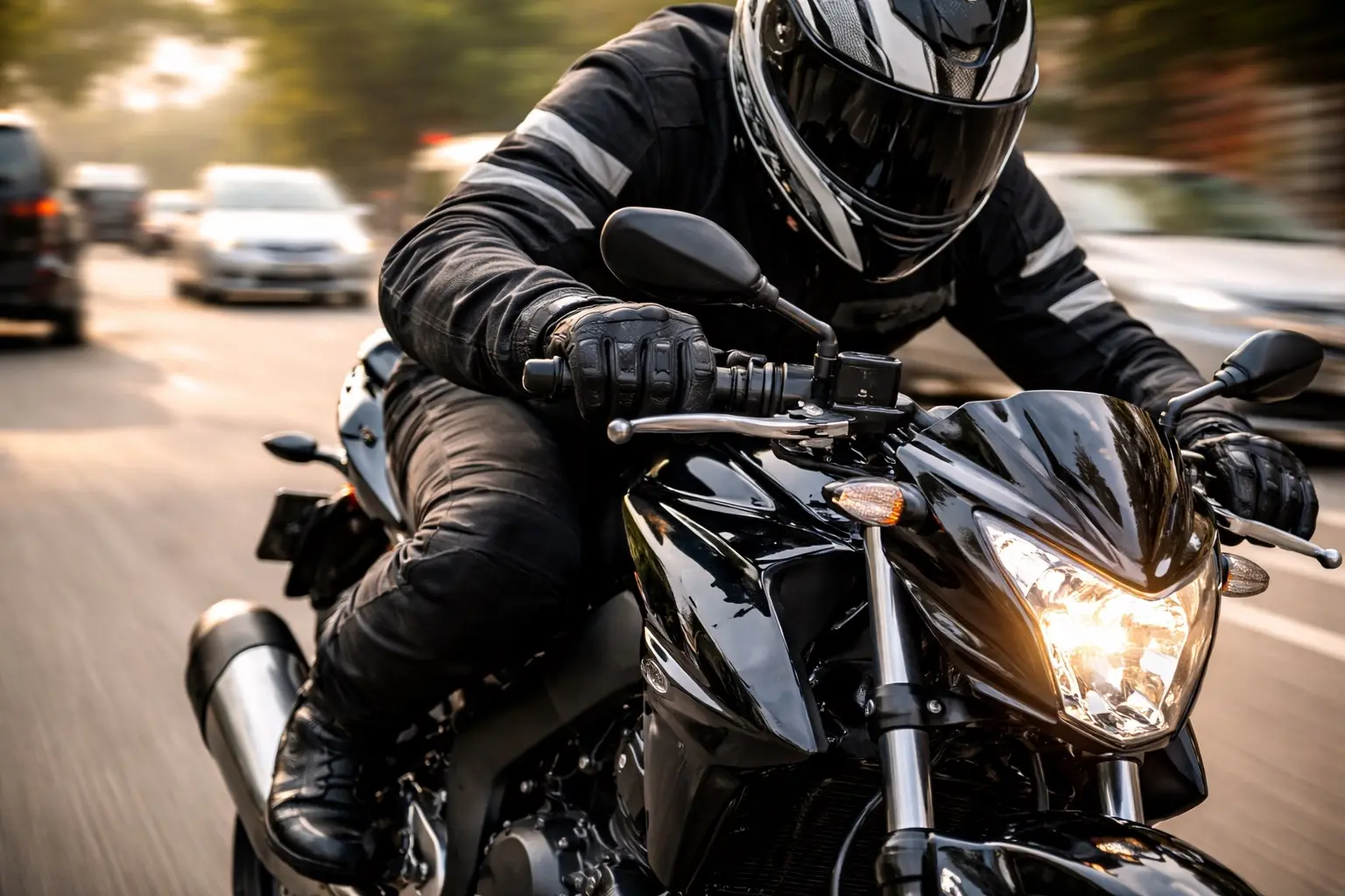 Rider accelerating aggressively on a motorcycle in city traffic