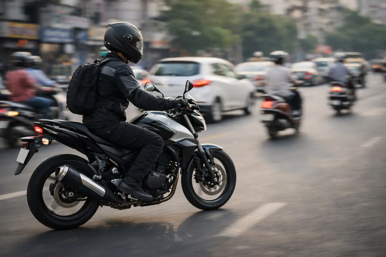 Motorcyclist braking smoothly in city traffic