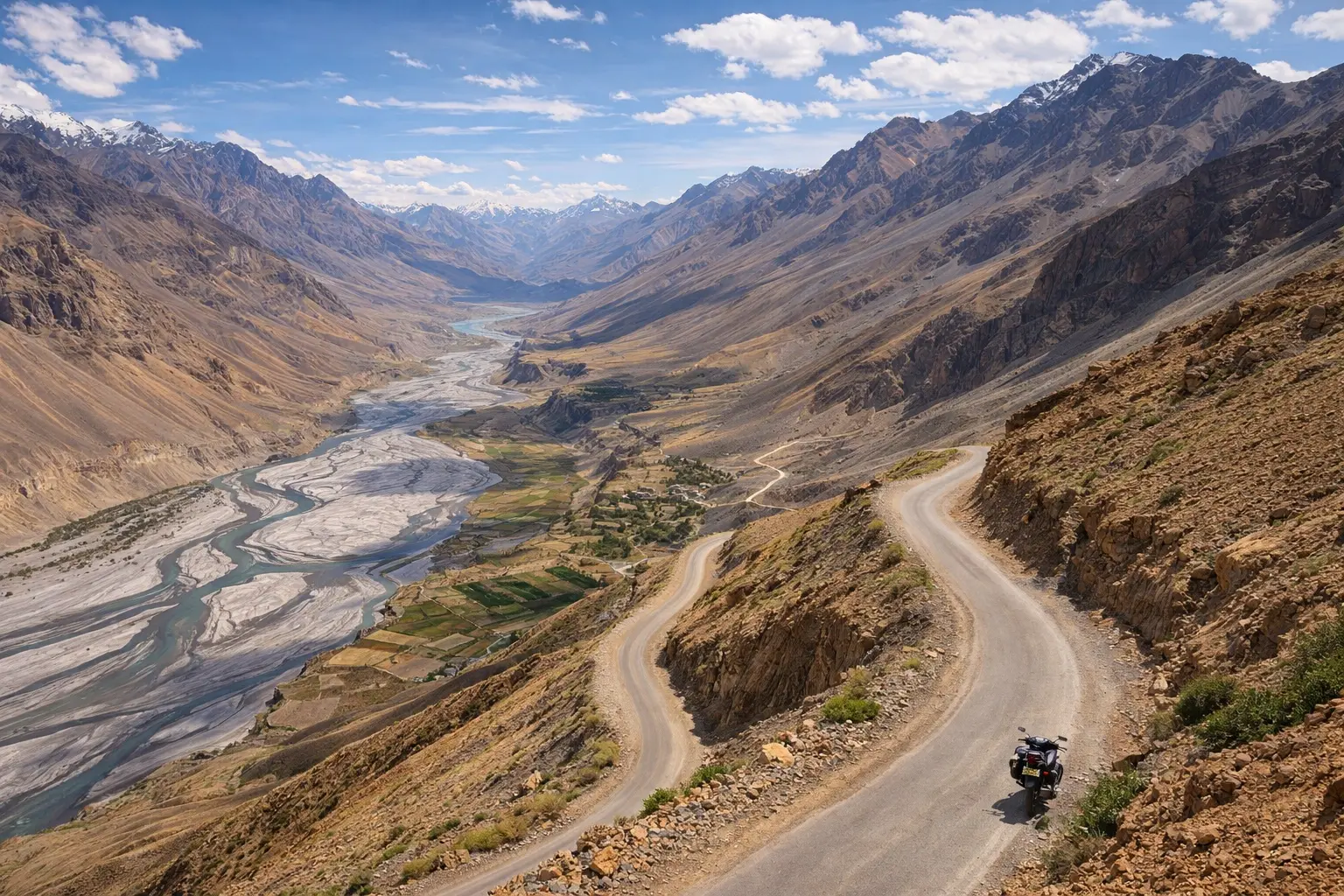 Wide view of Spiti Valley landscape with mountains and winding road