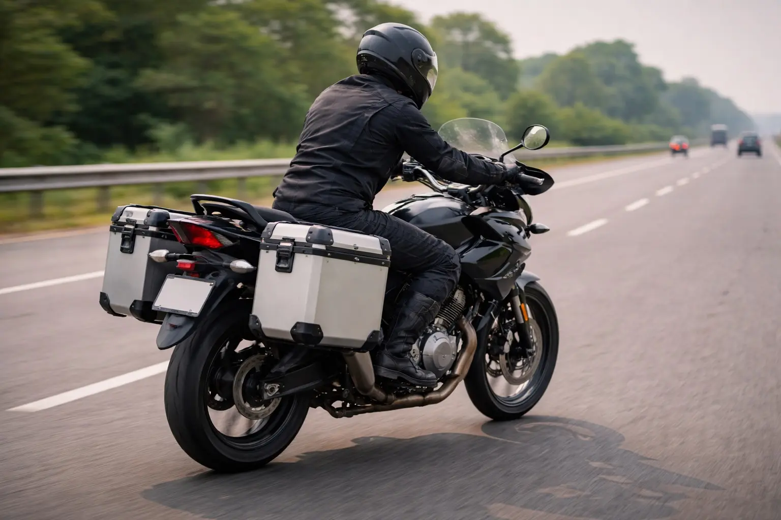 Motorcycle fitted with hard panniers on a highway
