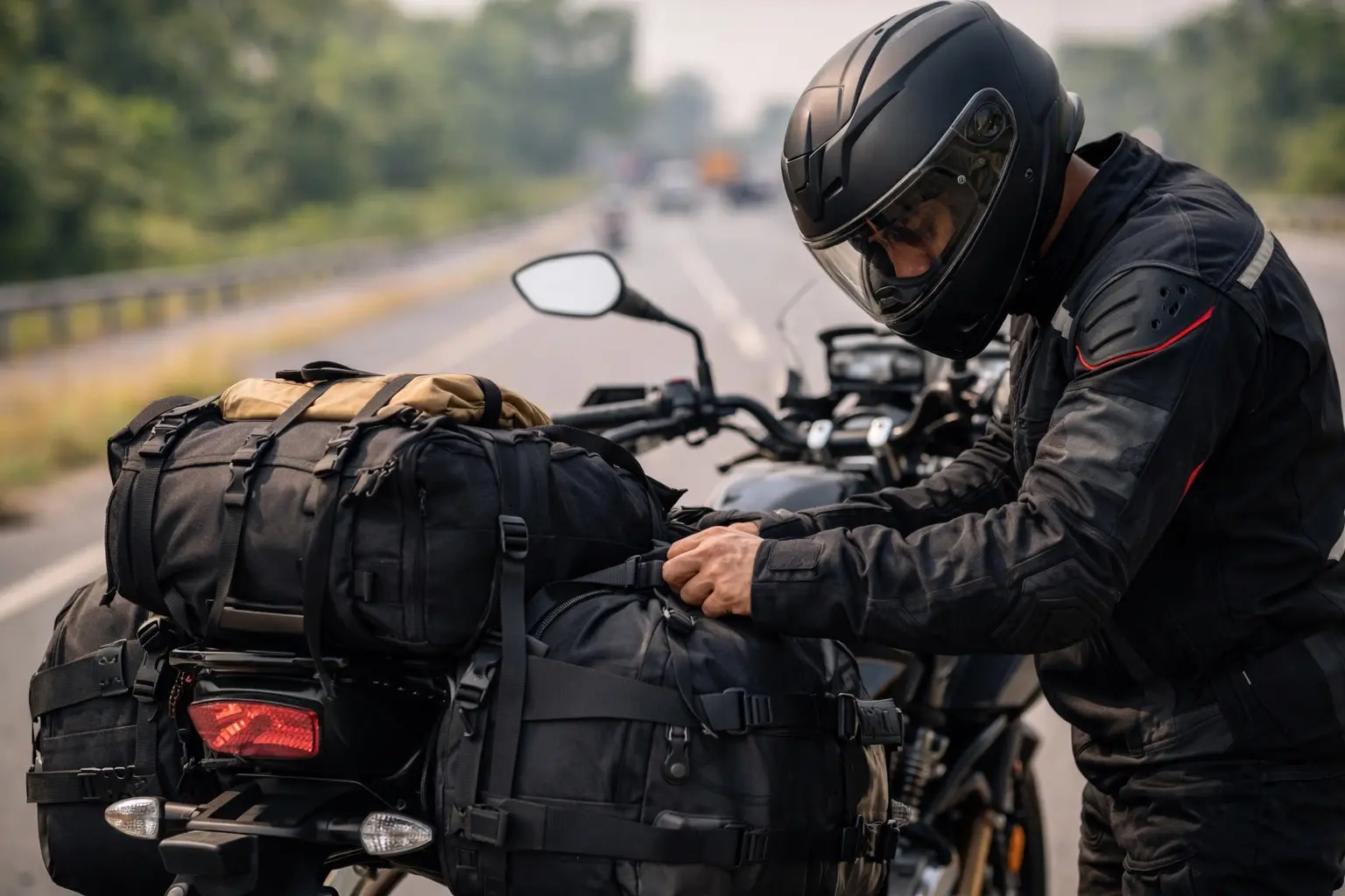 Motorcyclist loading luggage onto a touring motorcycle on an Indian roadside