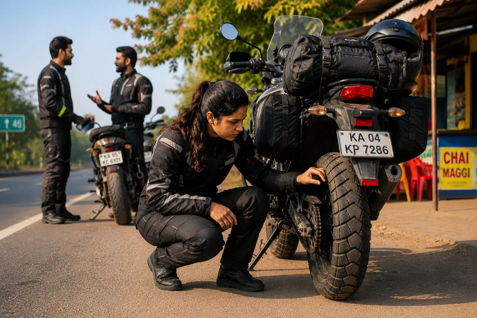 Female rider using a portable inflator beside a motorcycle
