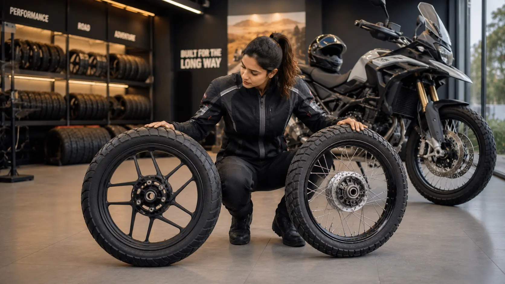 Motorcyclist inspecting motorcycle tires on an Indian highway during a touring ride