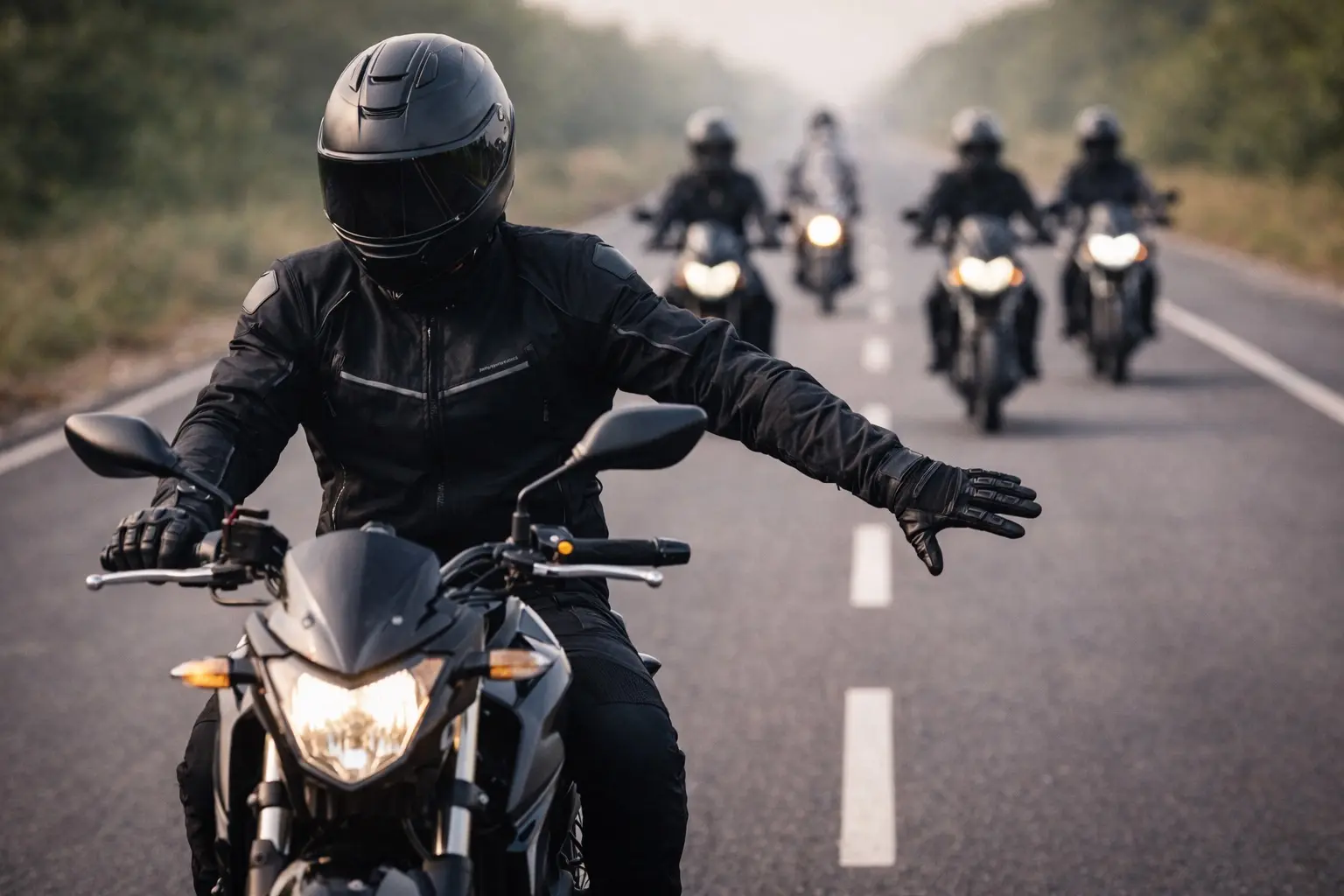Group of motorcyclists riding together on an Indian highway in formation