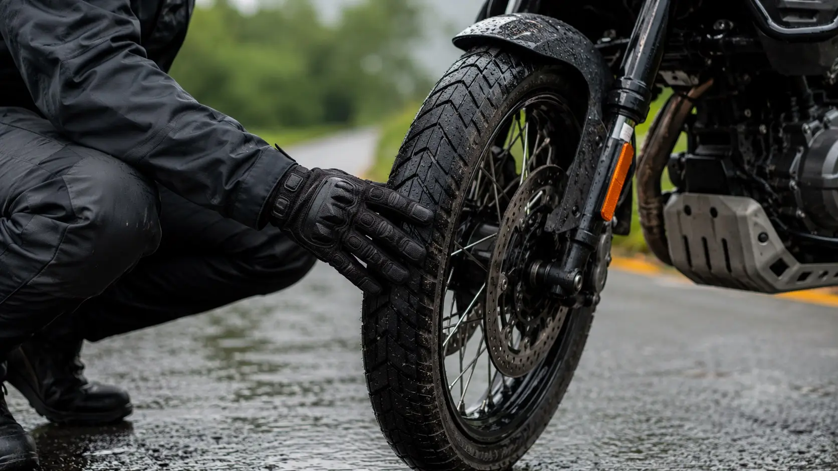 Rider inspecting motorcycle tyre tread before rain ride