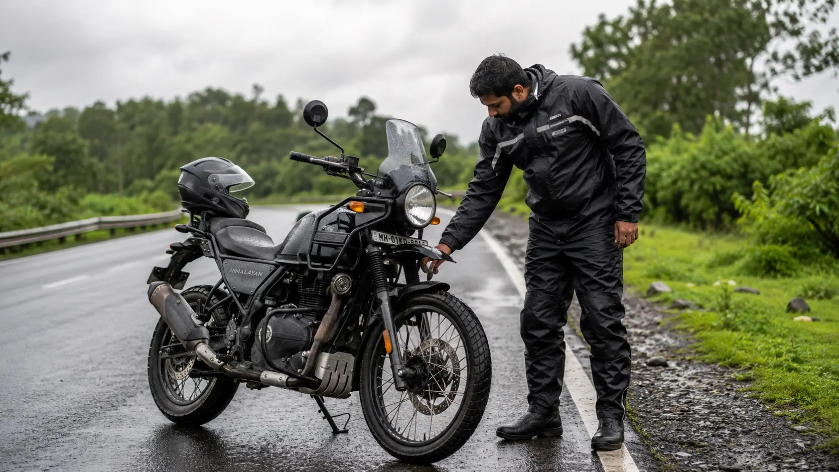 Rider inspecting motorcycle before riding in rainy weather